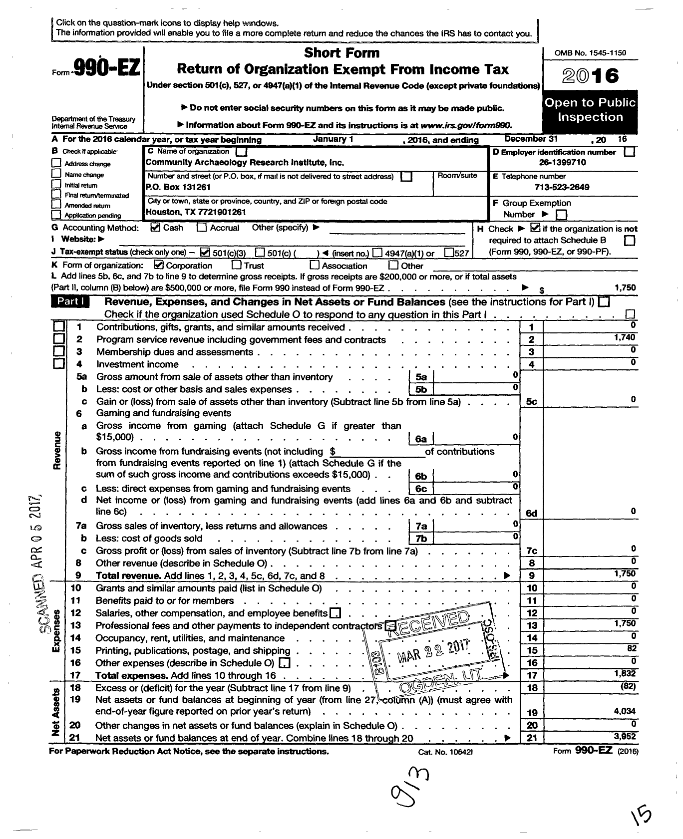 Image of first page of 2016 Form 990EZ for Community Archaeology Research Institute