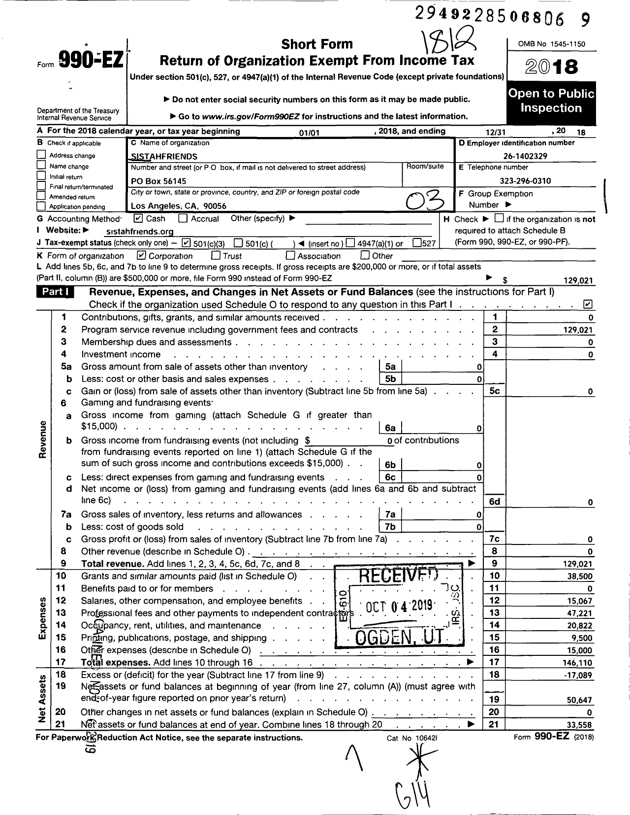 Image of first page of 2018 Form 990EZ for Sistahfriends
