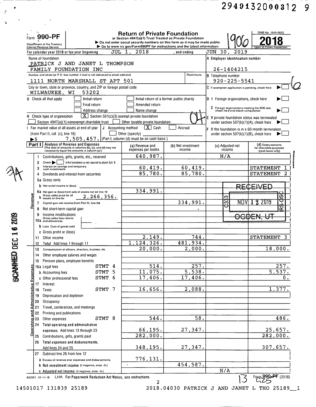 Image of first page of 2018 Form 990PF for Patrick J and Janet L Thompson Family Foundation