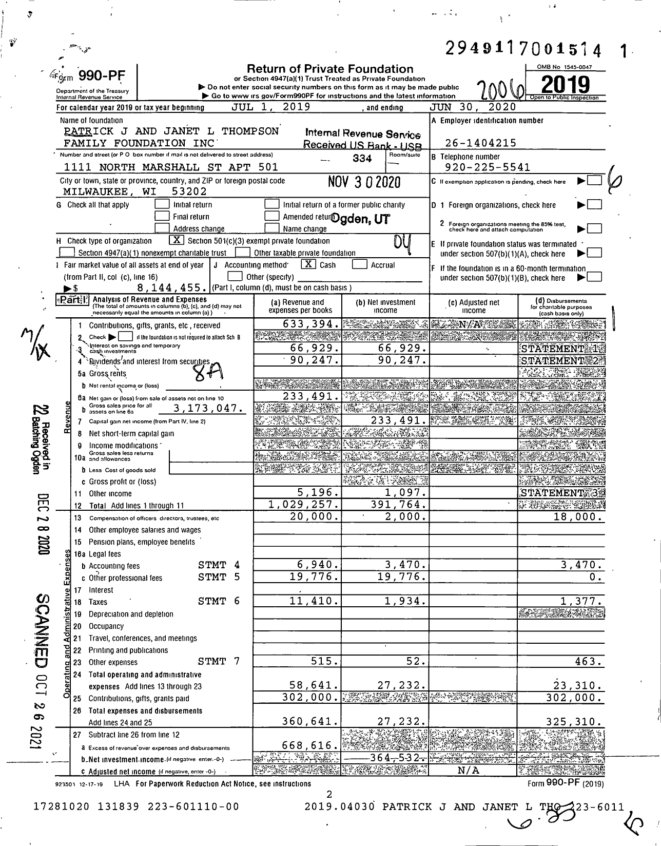 Image of first page of 2019 Form 990PF for Patrick J and Janet L Thompson Family Foundation