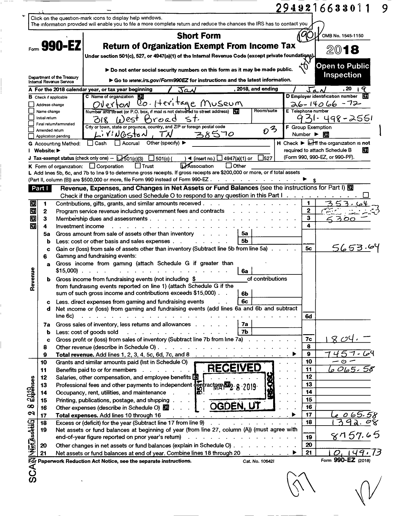 Image of first page of 2018 Form 990EZ for Overton County Heritage Museum