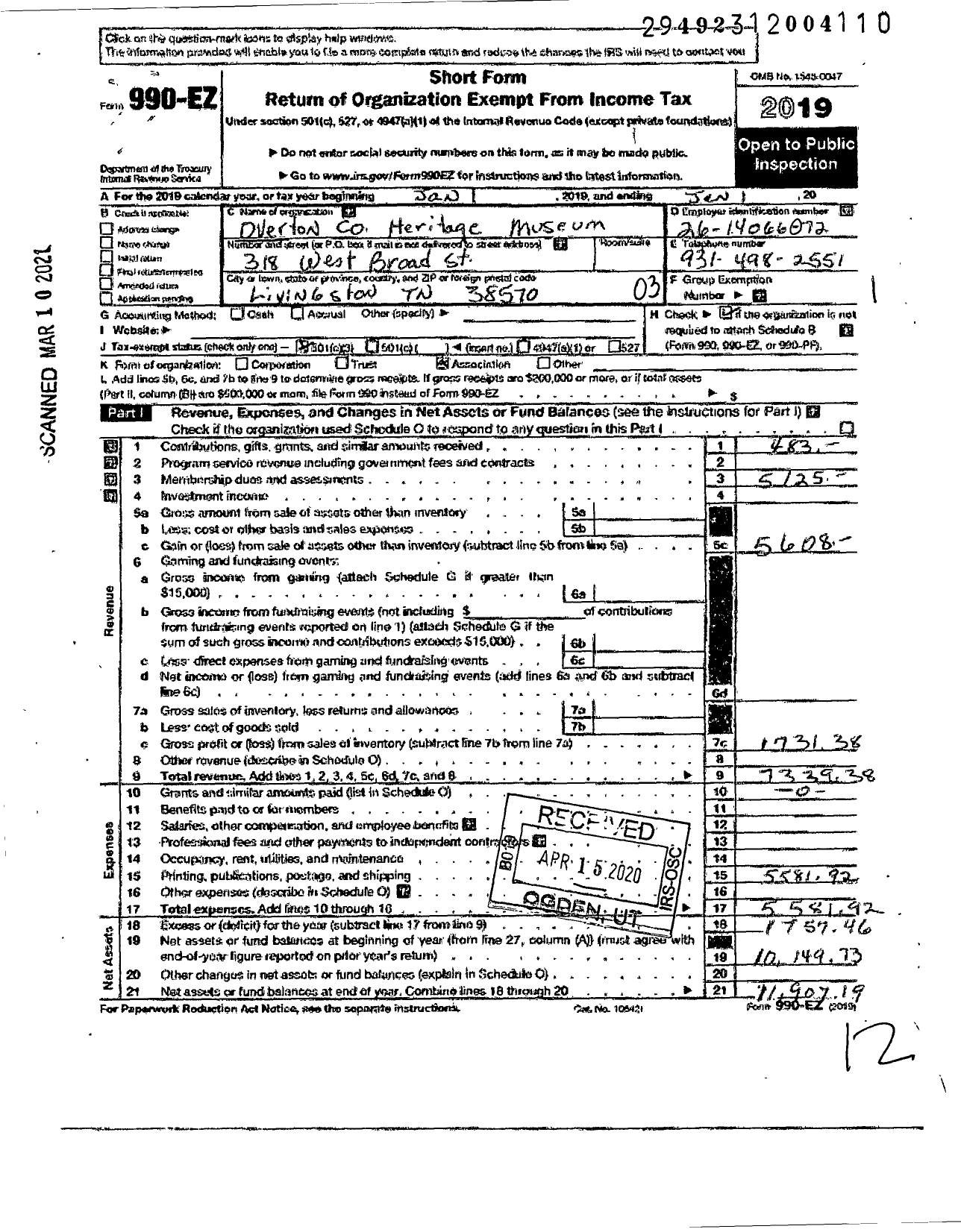 Image of first page of 2019 Form 990EZ for Overton County Heritage Museum