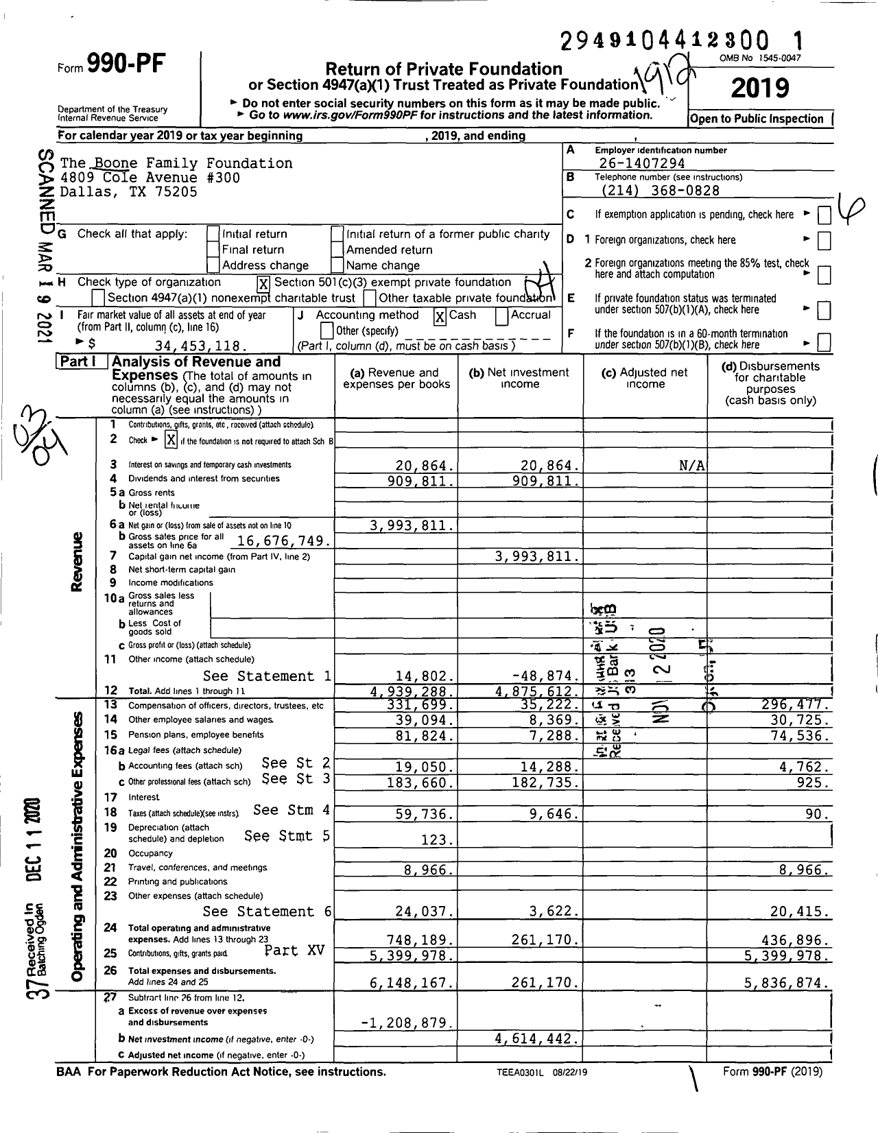 Image of first page of 2019 Form 990PF for Boone Family Foundation