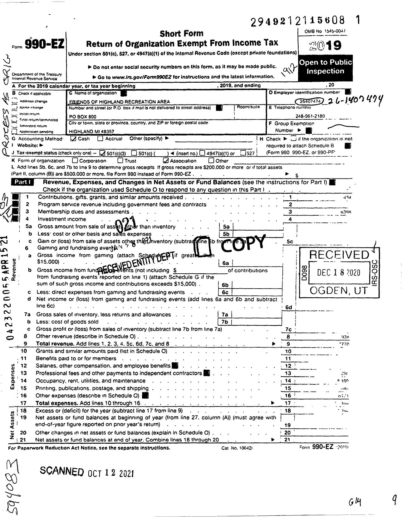 Image of first page of 2019 Form 990EZ for Friends of Highland Recreation