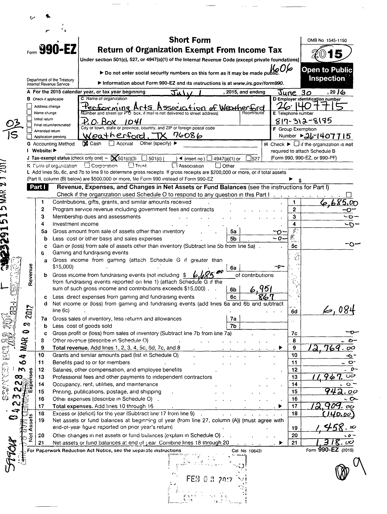 Image of first page of 2015 Form 990EZ for Performing Arts Association of Weatherford