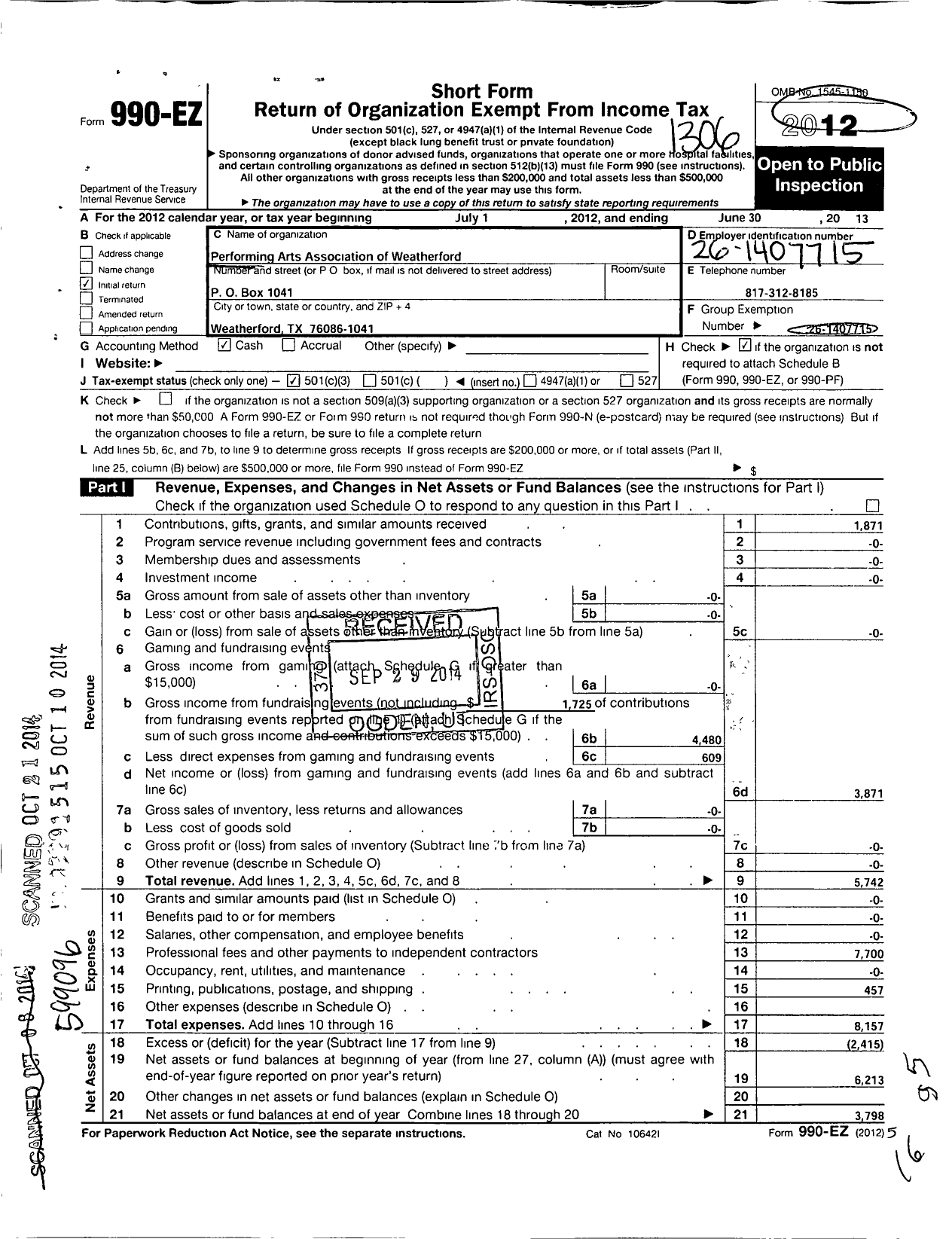 Image of first page of 2012 Form 990EZ for Performing Arts Association of Weatherford