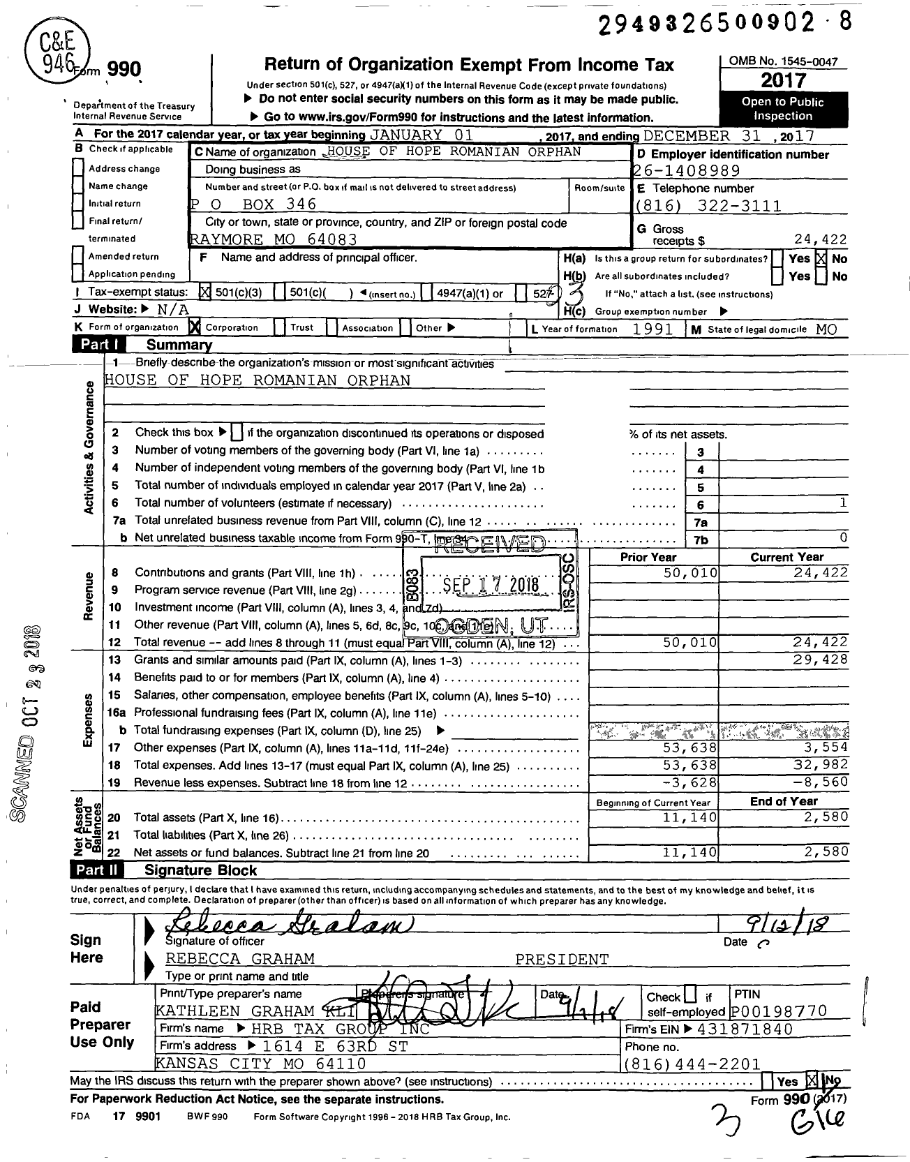 Image of first page of 2017 Form 990 for House of Hope Romanian Orphan Ministry