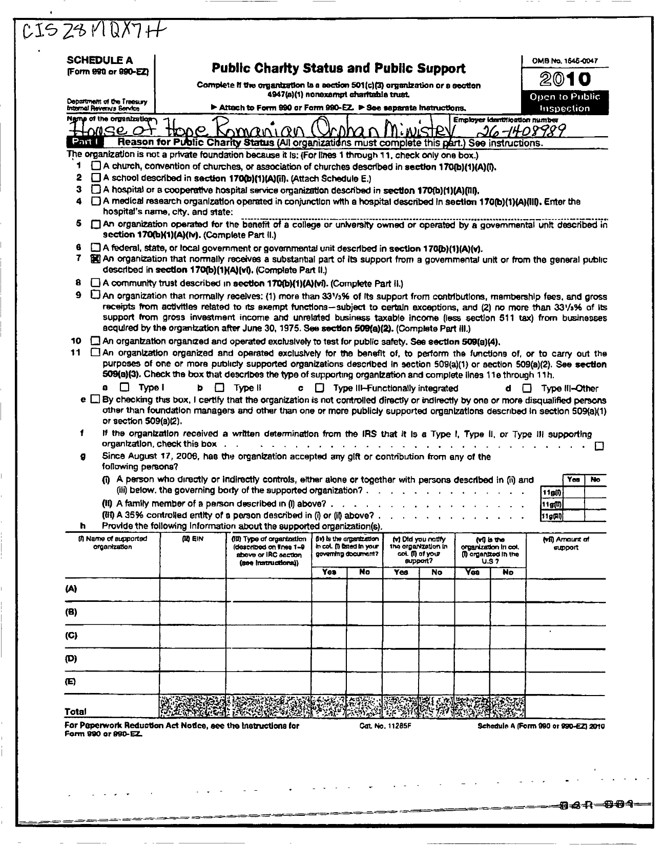 Image of first page of 2010 Form 990ER for House of Hope Romanian Orphan Ministry