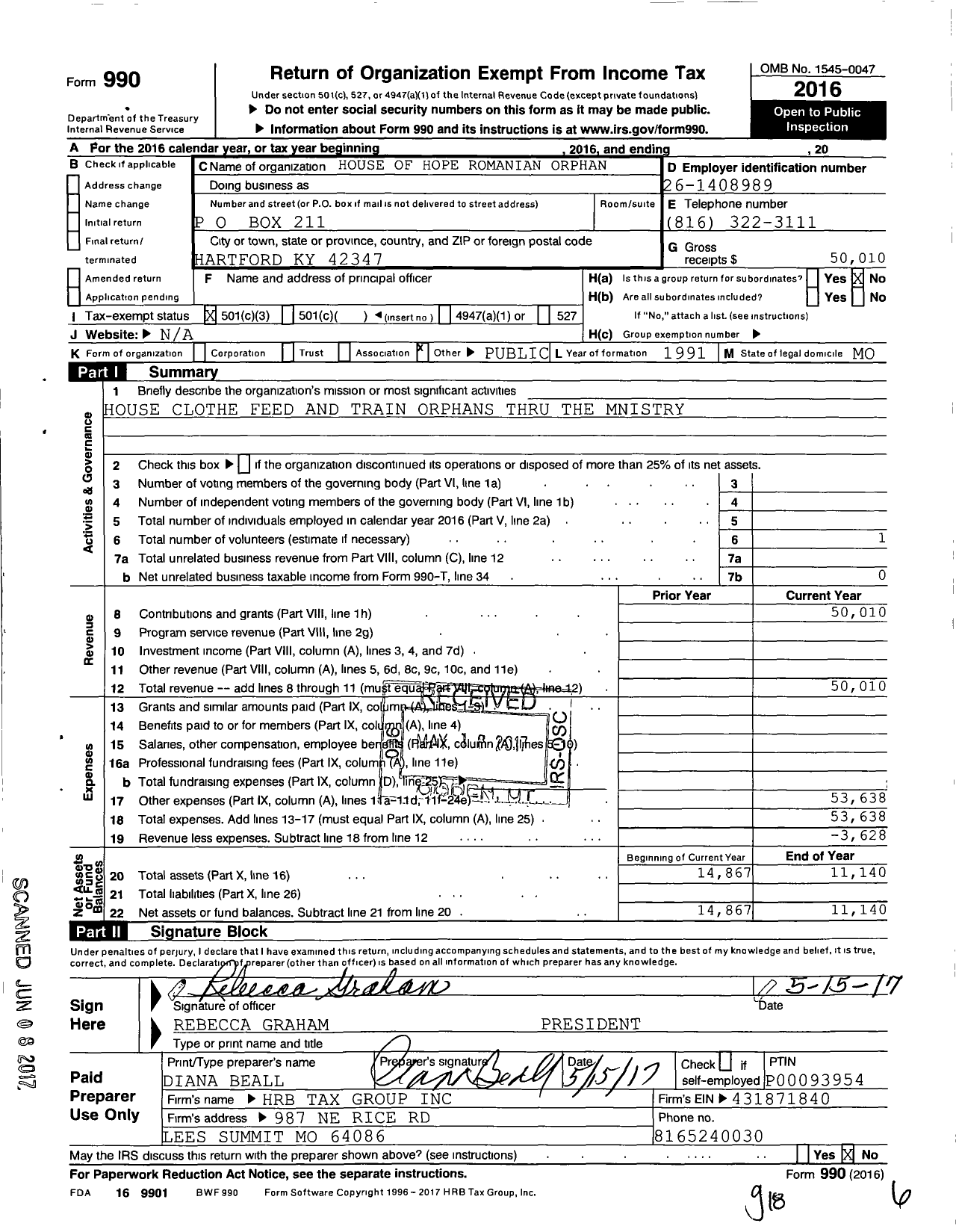 Image of first page of 2016 Form 990 for House of Hope Romanian Orphan Ministry