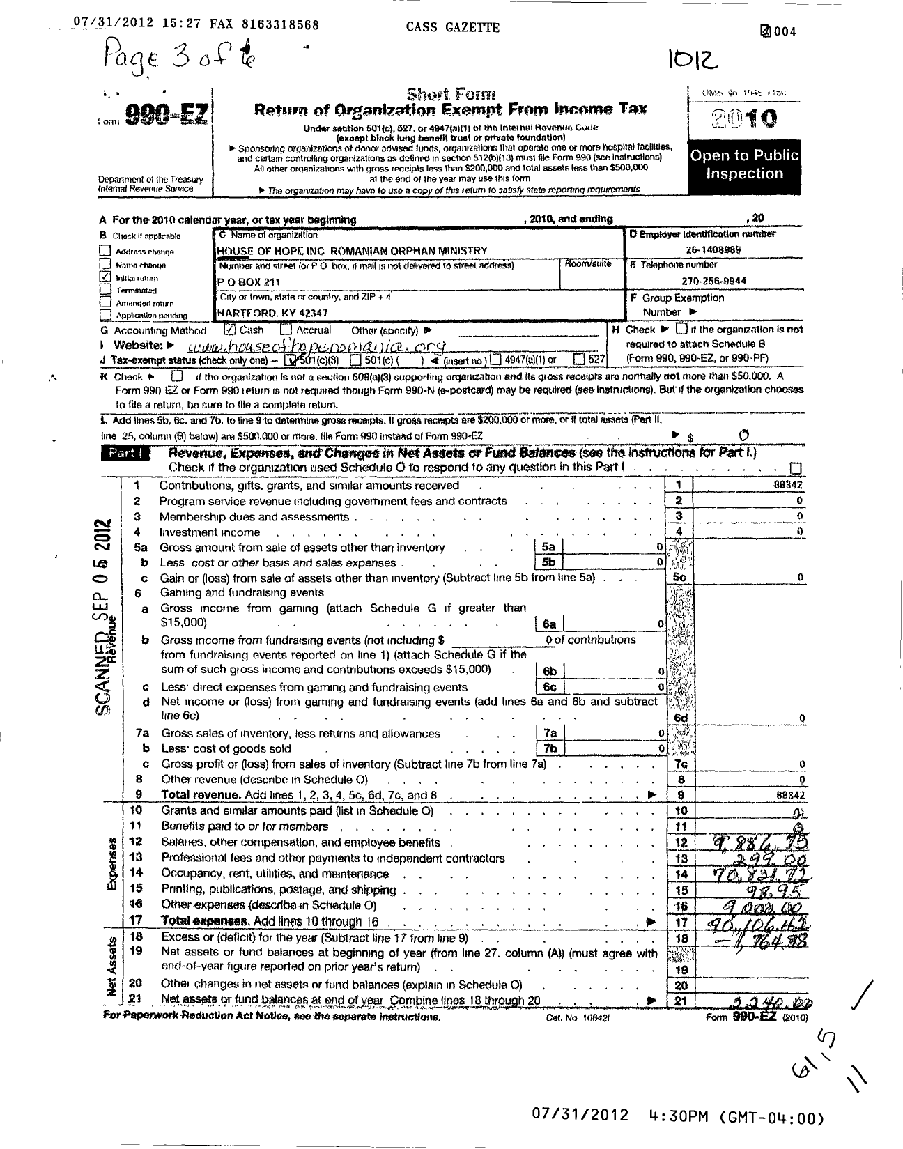 Image of first page of 2010 Form 990EZ for House of Hope Romanian Orphan Ministry