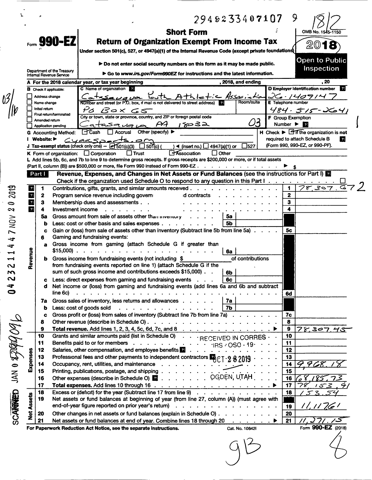 Image of first page of 2018 Form 990EZ for Catasauqua Youth Athletic Association