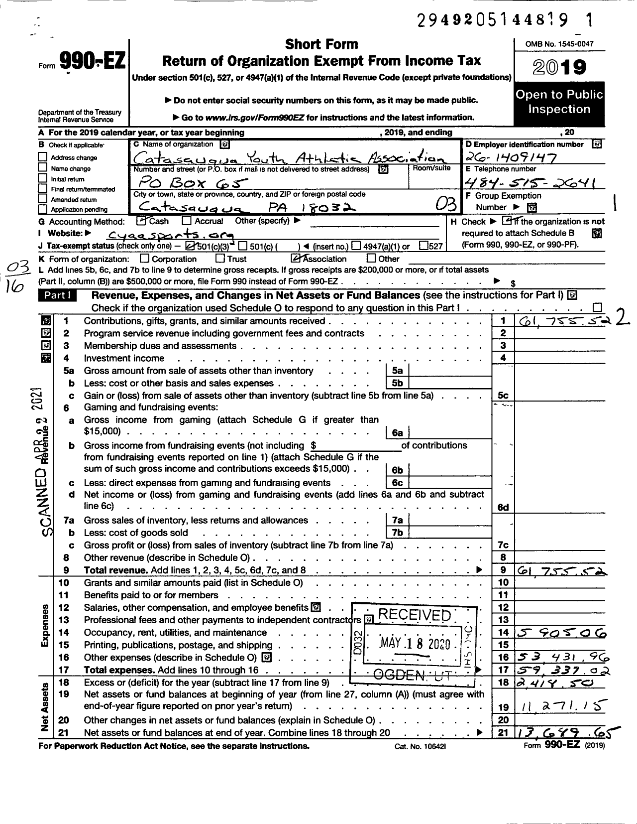 Image of first page of 2019 Form 990EZ for Catasauqua Youth Athletic Association