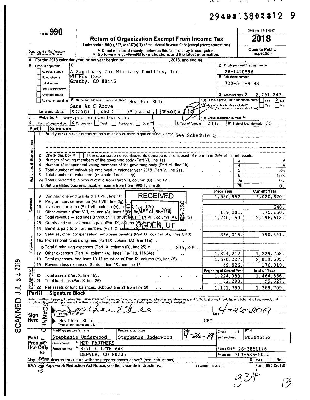 Image of first page of 2018 Form 990 for A Sanctuary for Military Families