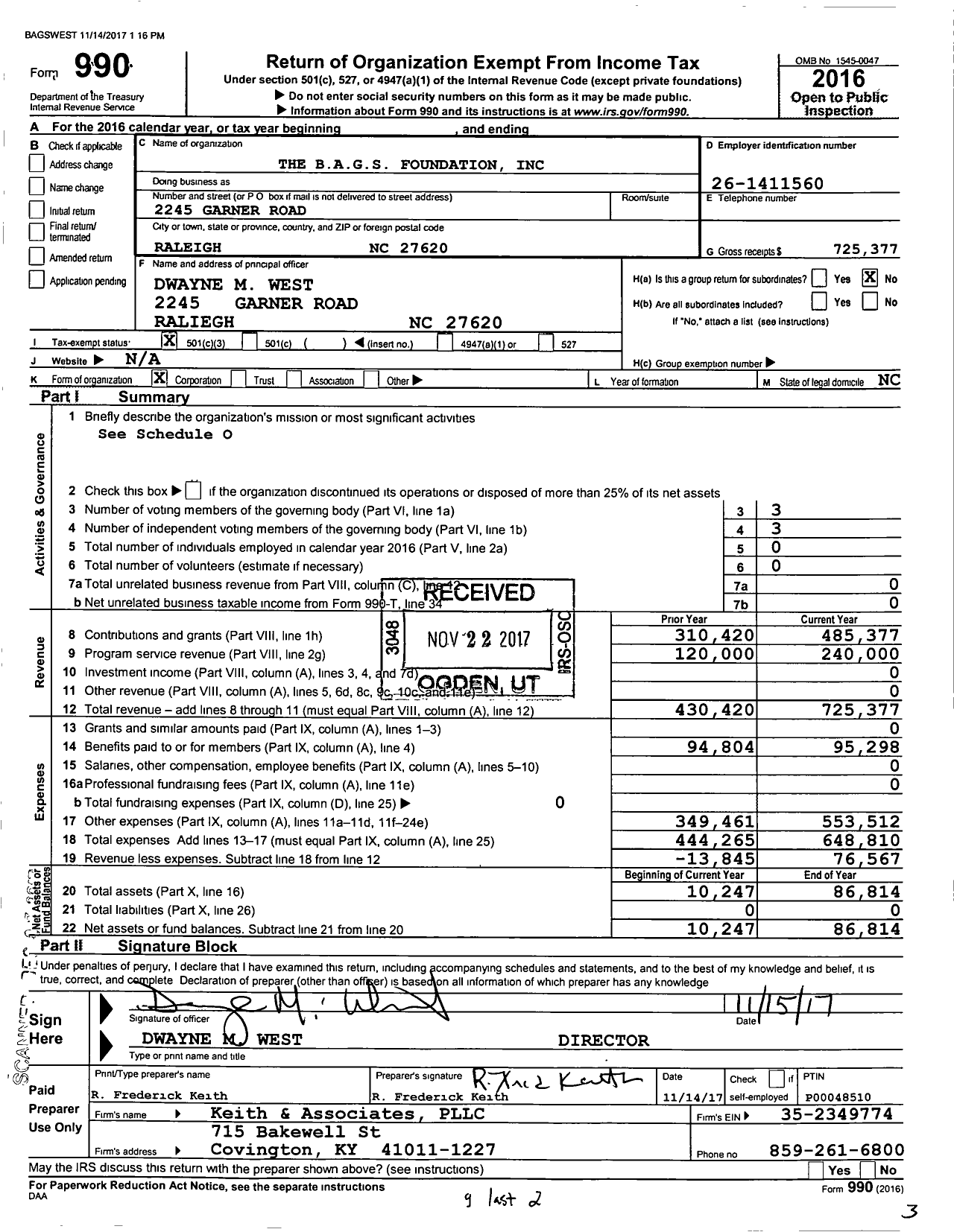 Image of first page of 2016 Form 990 for The Bags Foundation