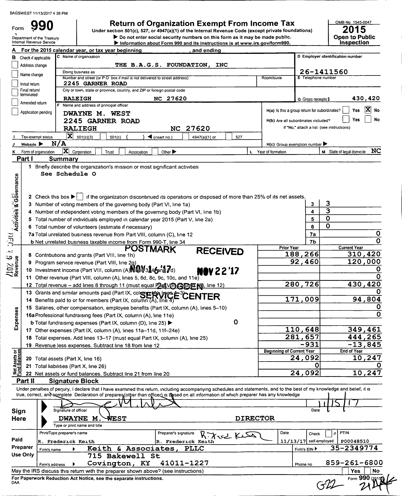 Image of first page of 2015 Form 990 for The Bags Foundation