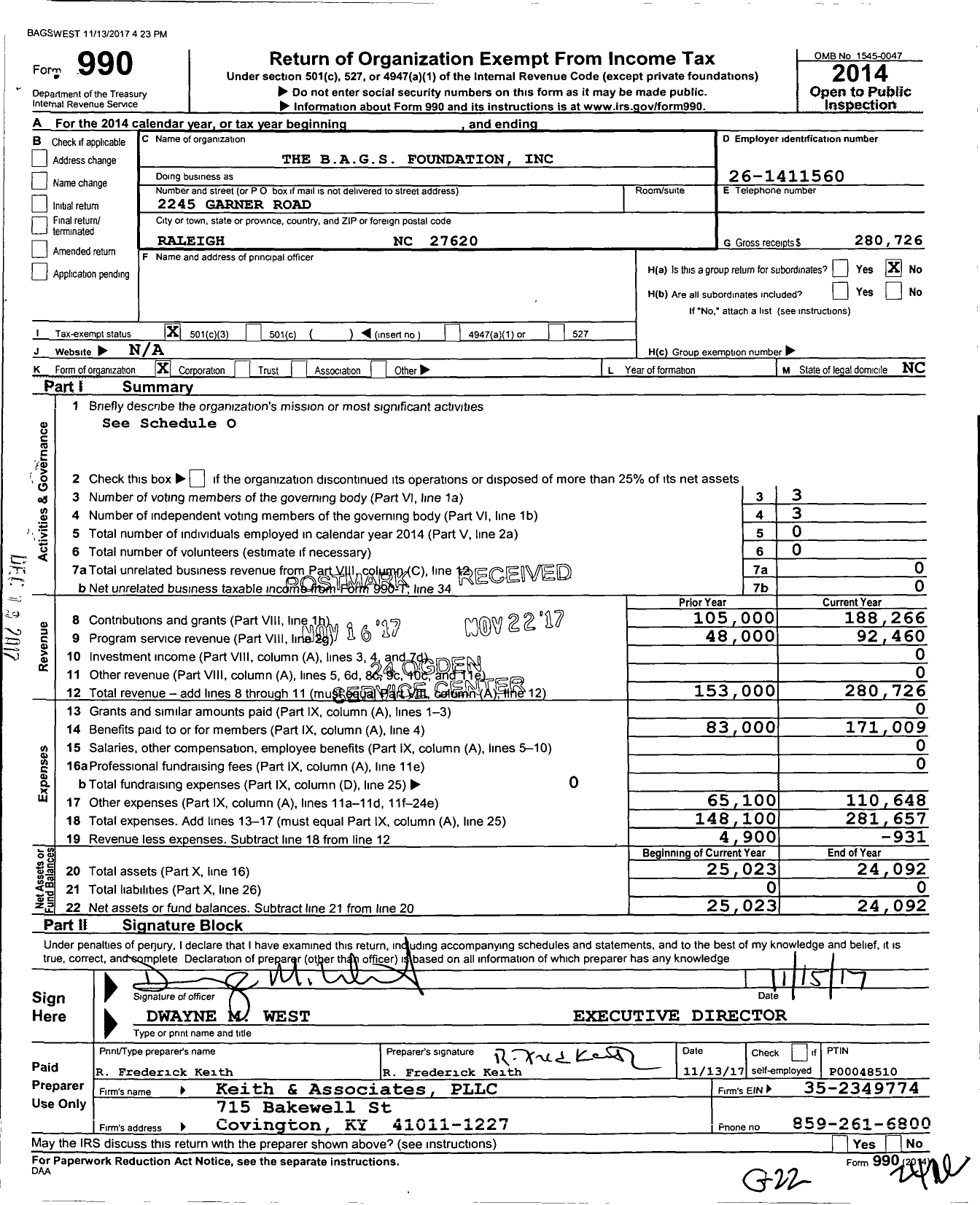 Image of first page of 2014 Form 990 for The Bags Foundation