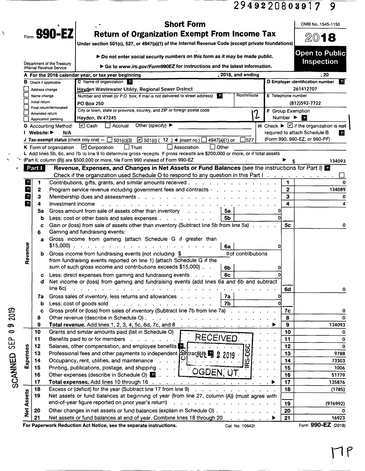 Image of first page of 2018 Form 990EO for Hayden Wastewater Utility