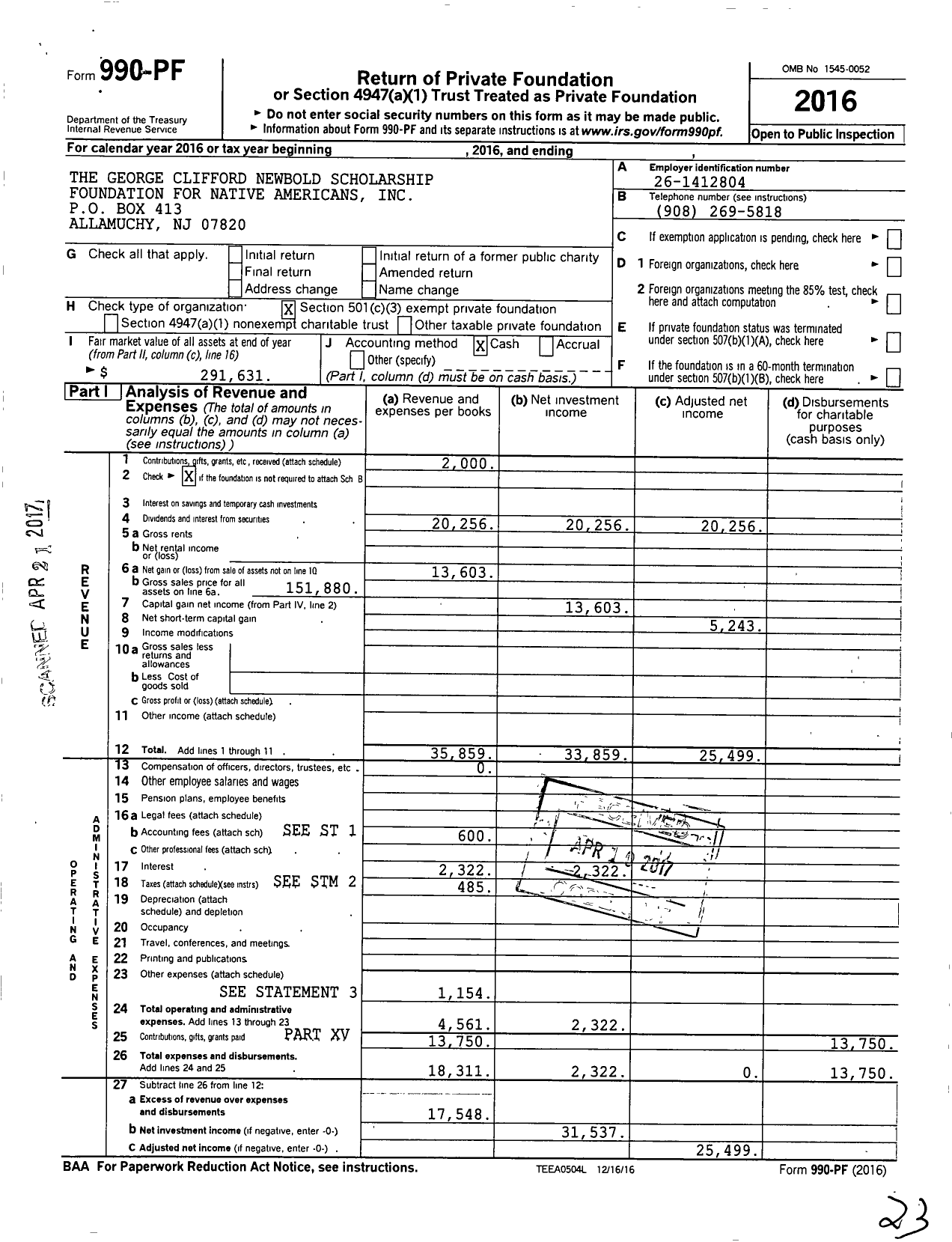 Image of first page of 2016 Form 990PF for The George Clifford Newbold Scholarship Foundation for Native Americans