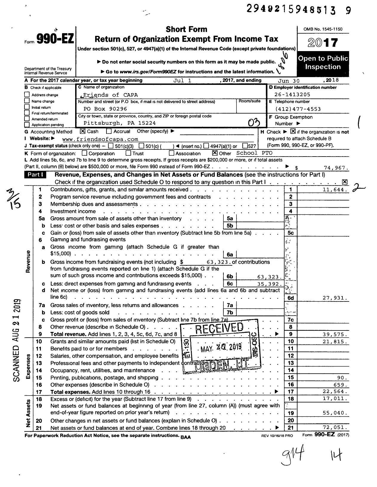 Image of first page of 2017 Form 990EZ for Friends of CAPA