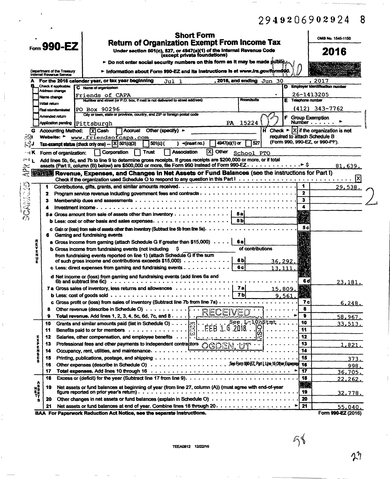 Image of first page of 2016 Form 990EZ for Friends of CAPA