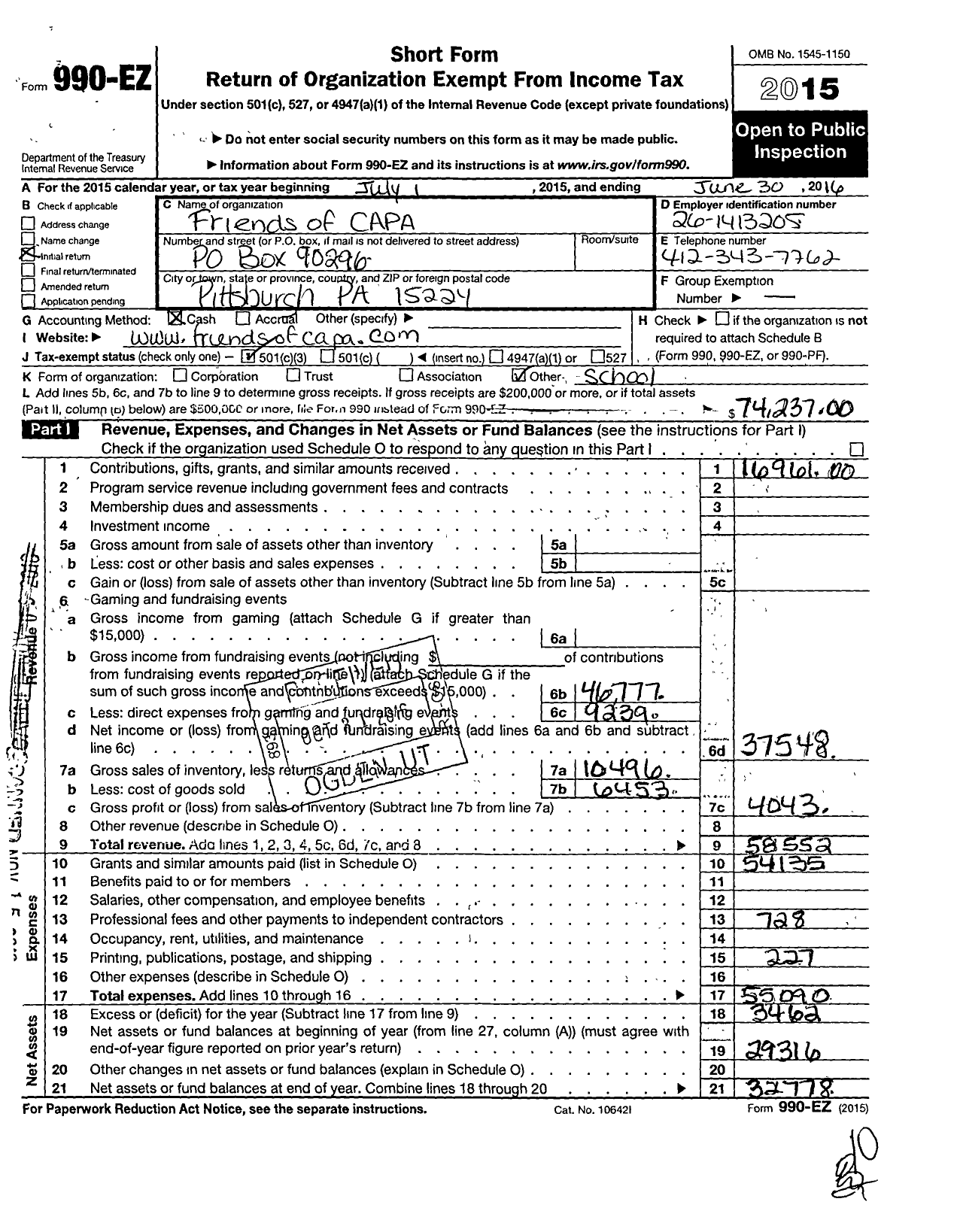 Image of first page of 2015 Form 990EZ for Friends of CAPA