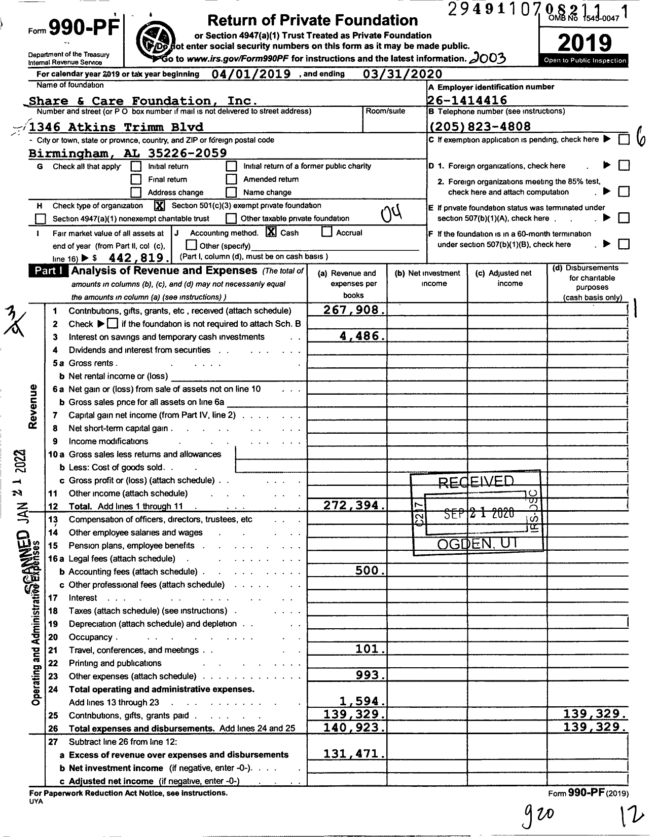 Image of first page of 2019 Form 990PF for Share and Care Foundation