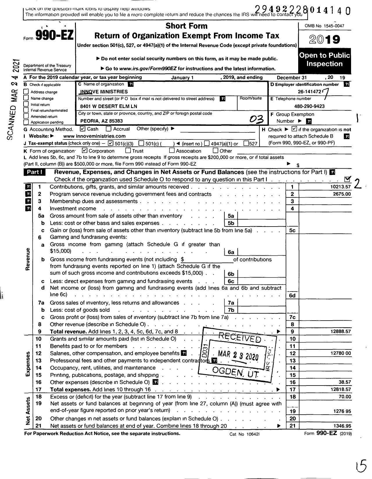 Image of first page of 2019 Form 990EZ for Innove Ministries