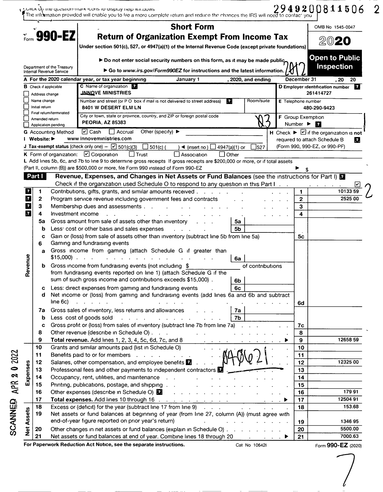 Image of first page of 2020 Form 990EZ for Innove Ministries