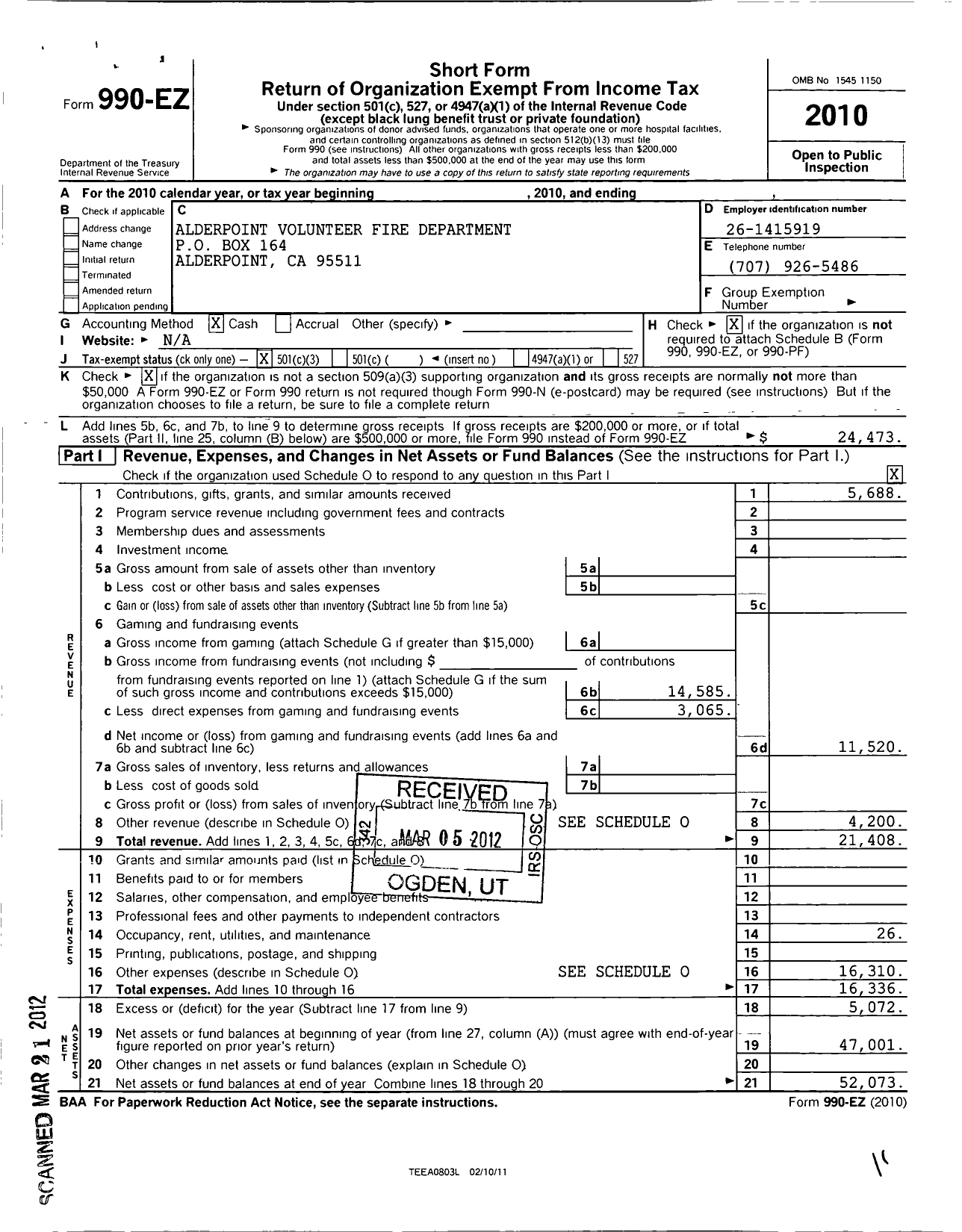 Image of first page of 2010 Form 990EZ for Alderpoint Volunteer Fire Department