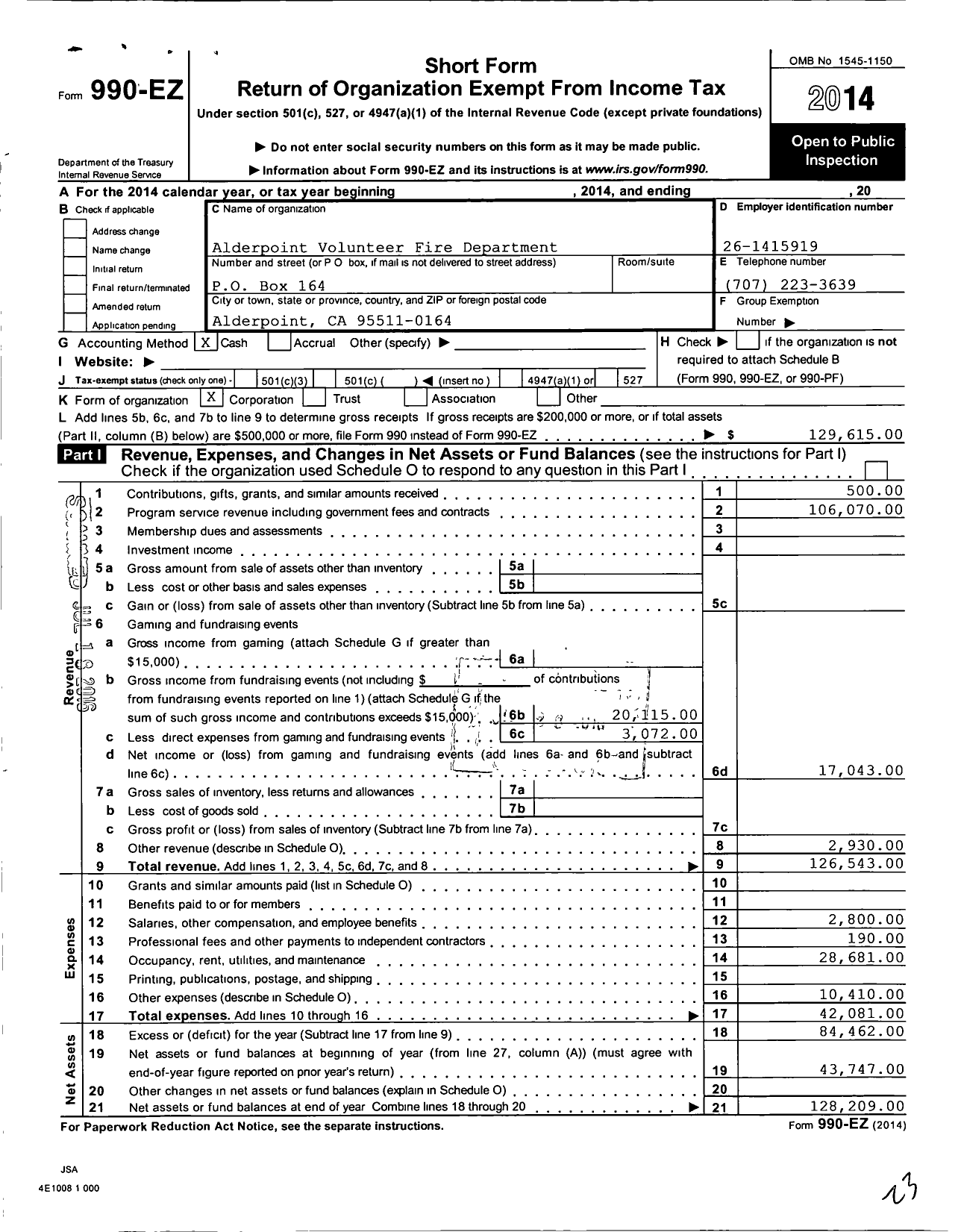 Image of first page of 2014 Form 990EO for Alderpoint Volunteer Fire Department