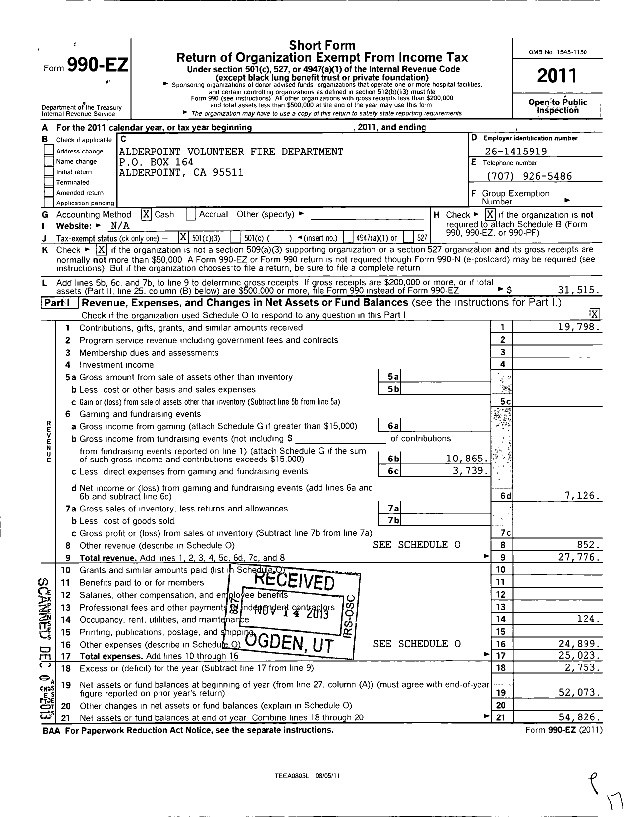 Image of first page of 2011 Form 990EZ for Alderpoint Volunteer Fire Department