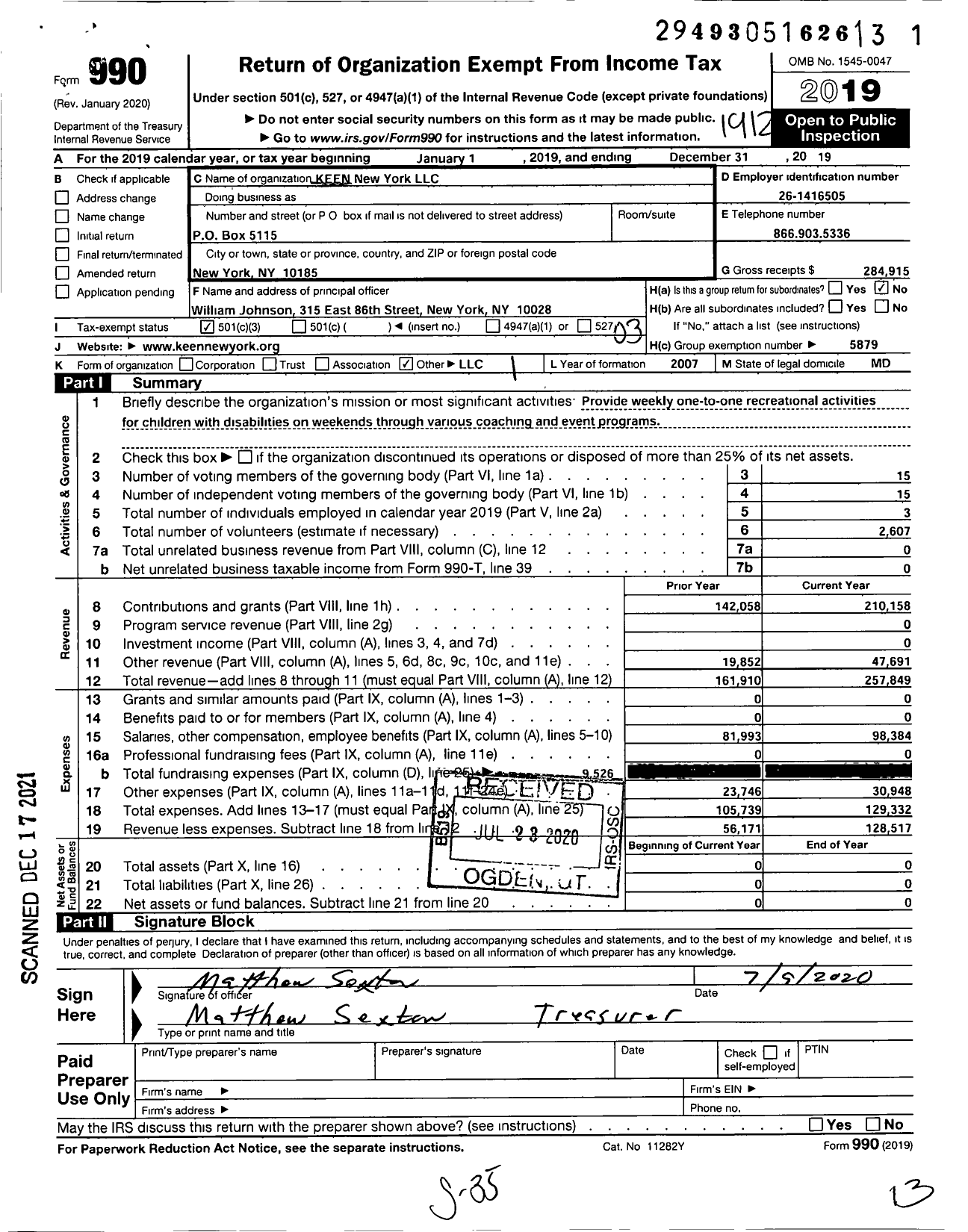 Image of first page of 2019 Form 990 for KEEN New York LLC