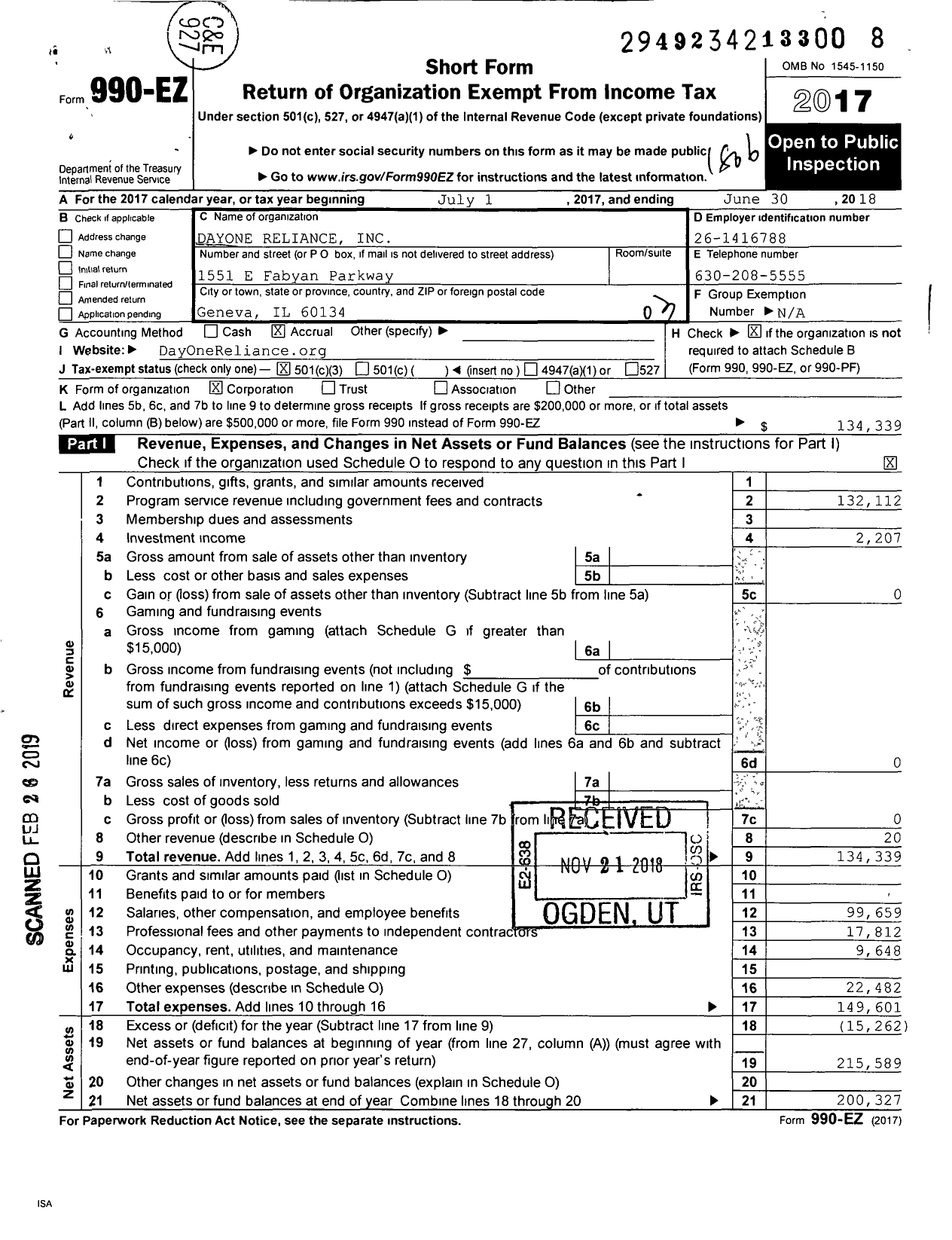 Image of first page of 2017 Form 990EZ for Dayone Reliance