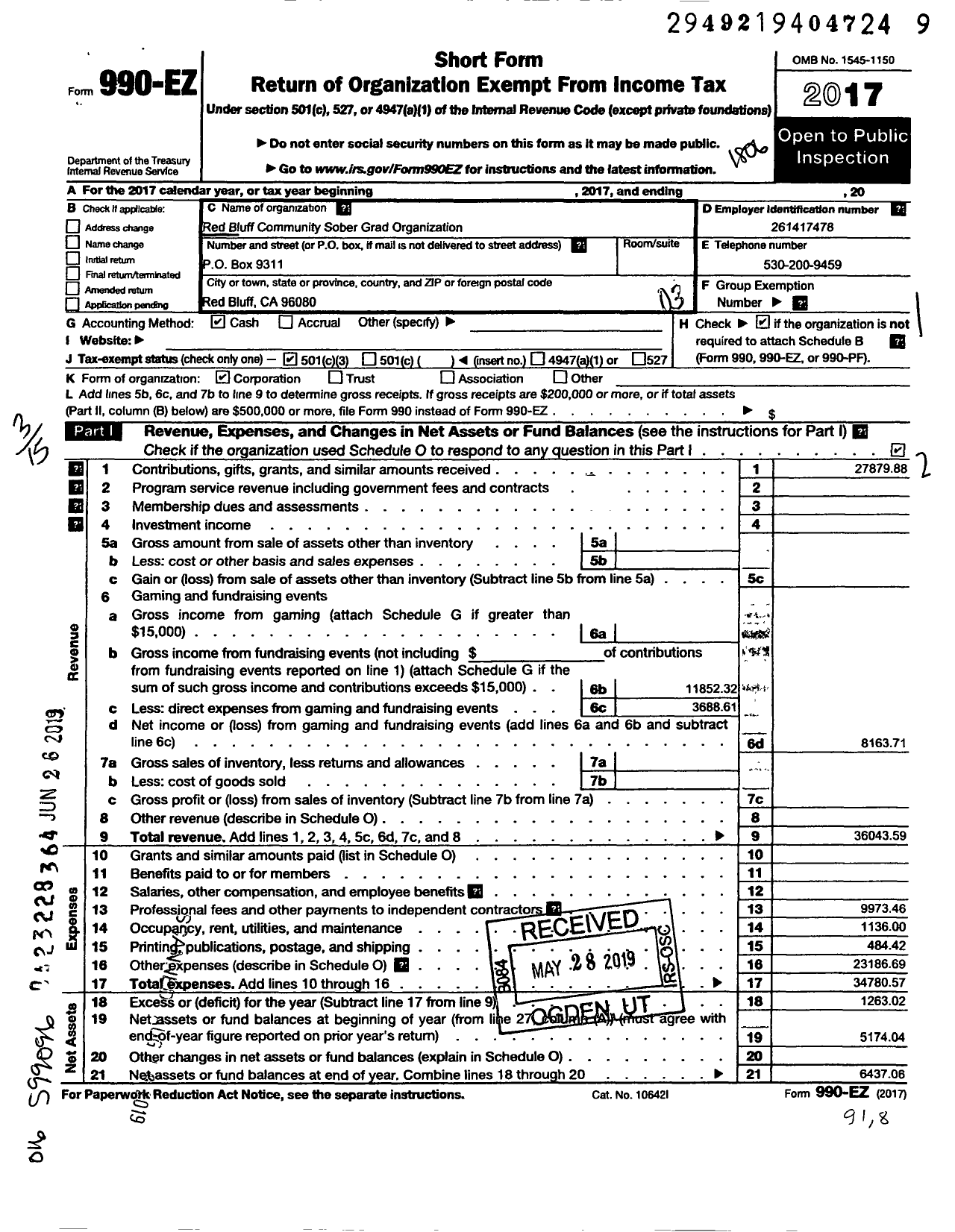 Image of first page of 2017 Form 990EZ for Red Bluff Community Sober Grad Organization