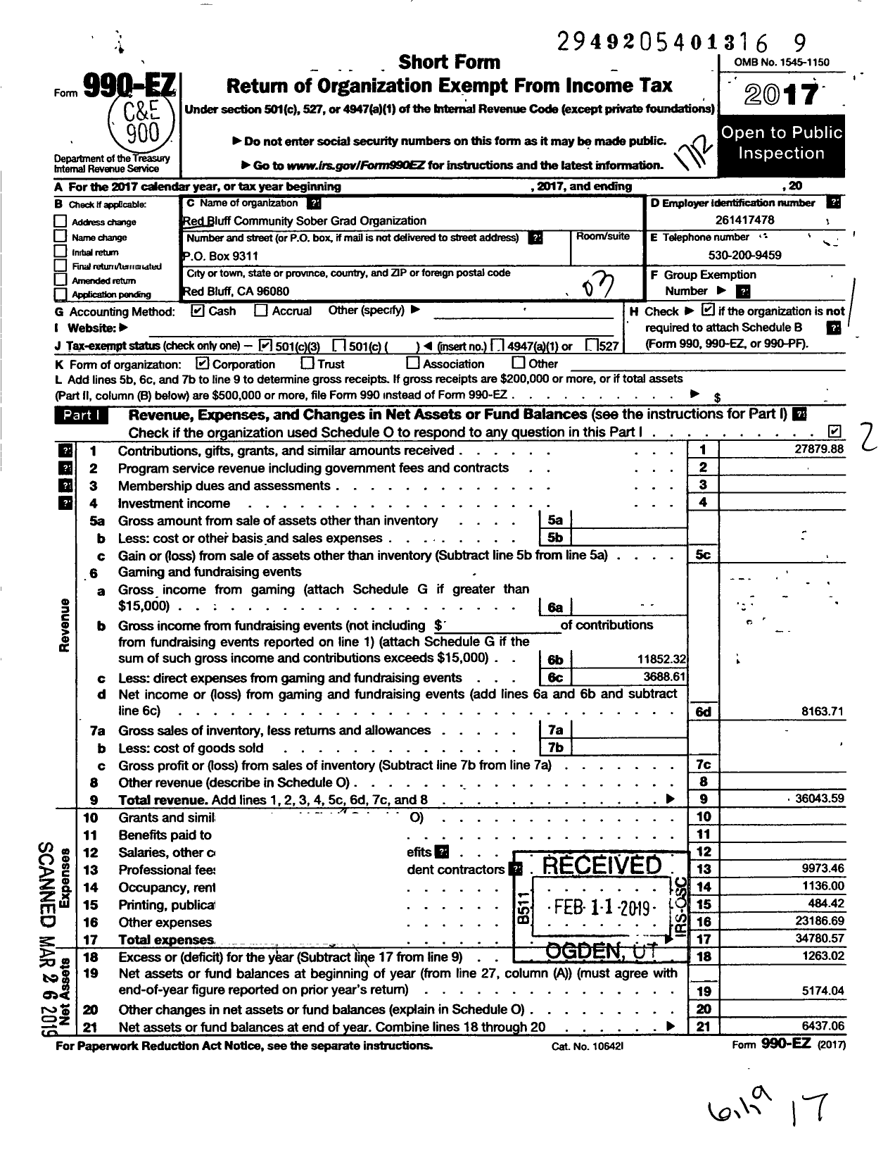 Image of first page of 2017 Form 990EZ for Red Bluff Community Sober Grad Organization