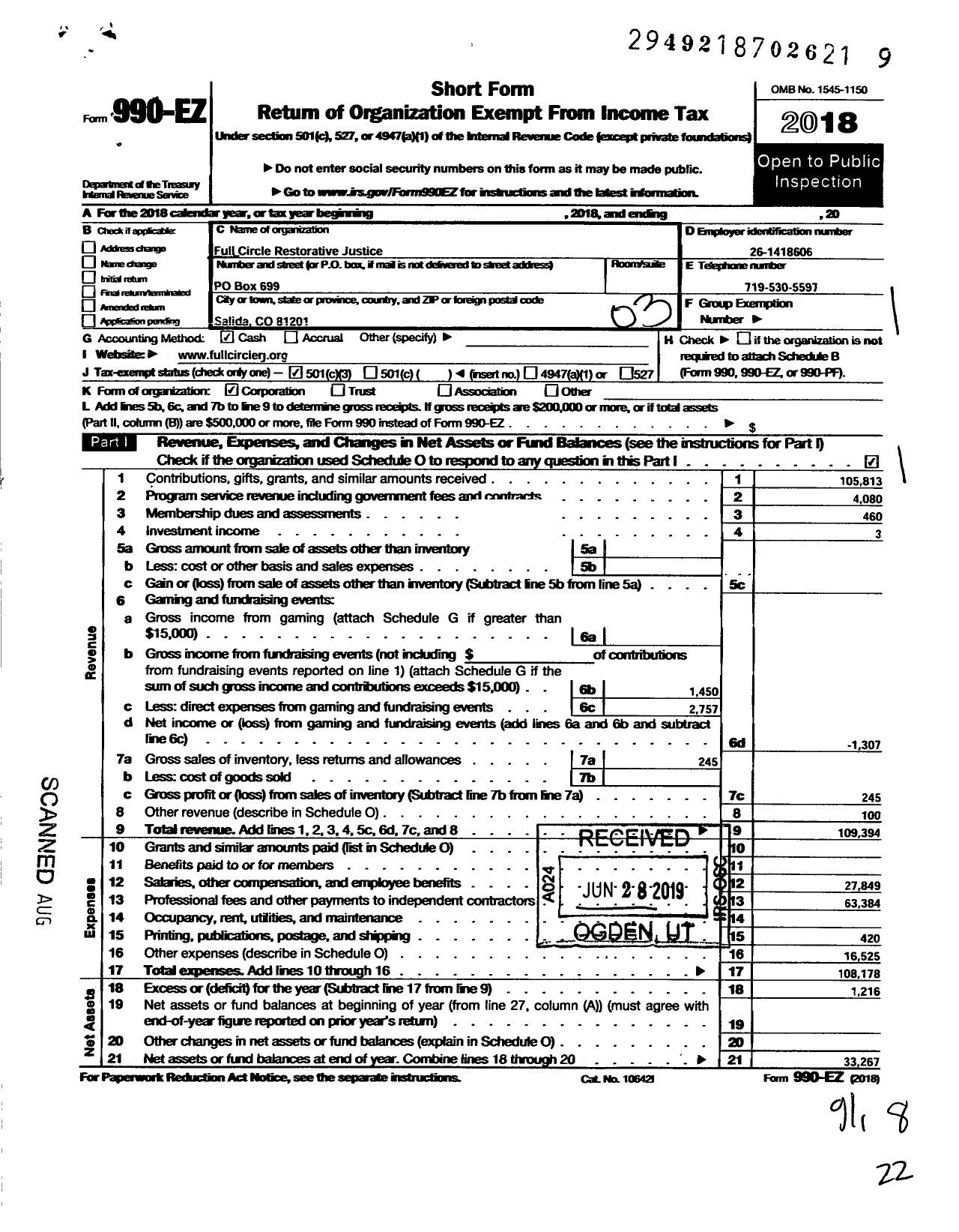 Image of first page of 2018 Form 990EZ for Full Circle Restorative Justice