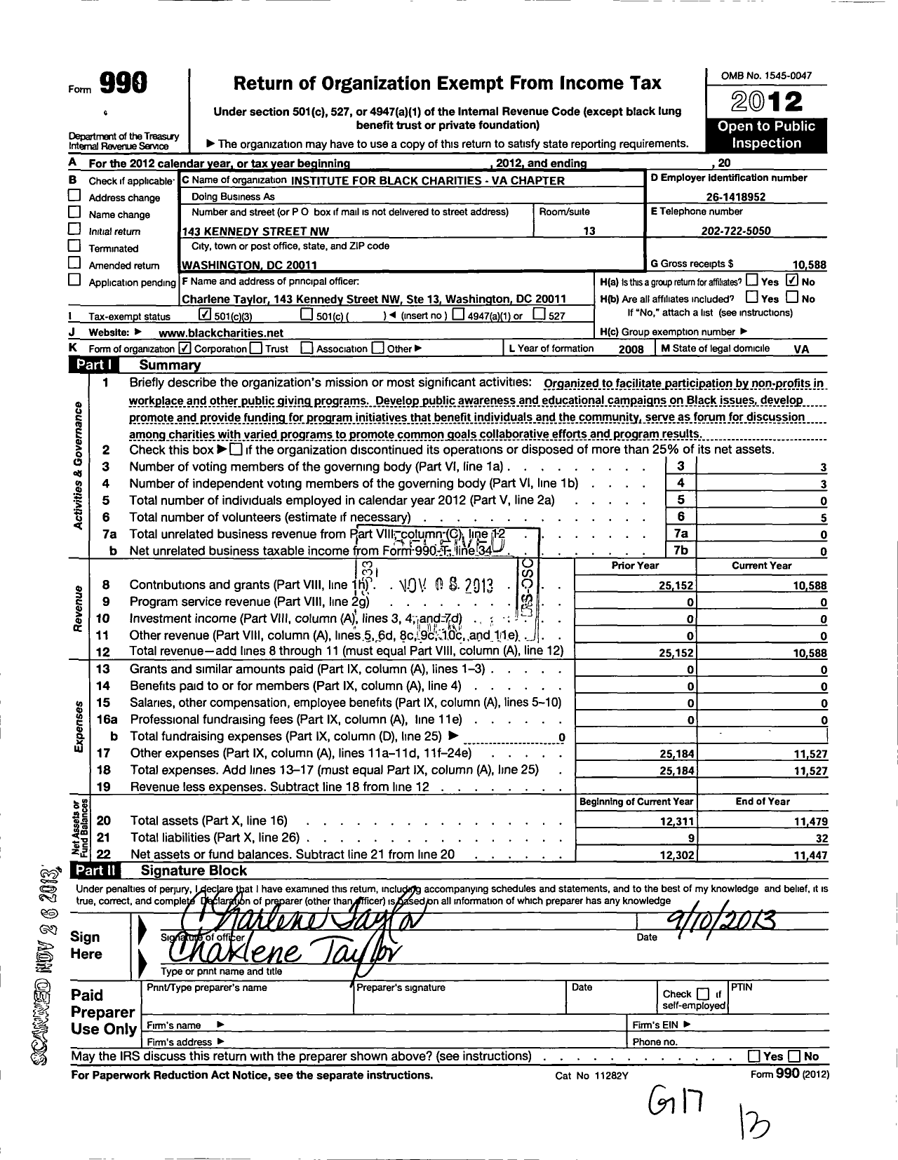 Image of first page of 2012 Form 990 for Institute for Black Charities