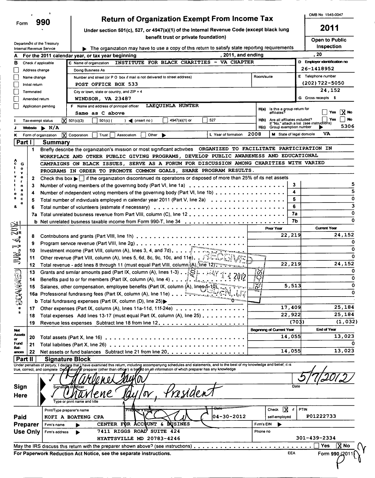 Image of first page of 2011 Form 990 for Institute for Black Charities