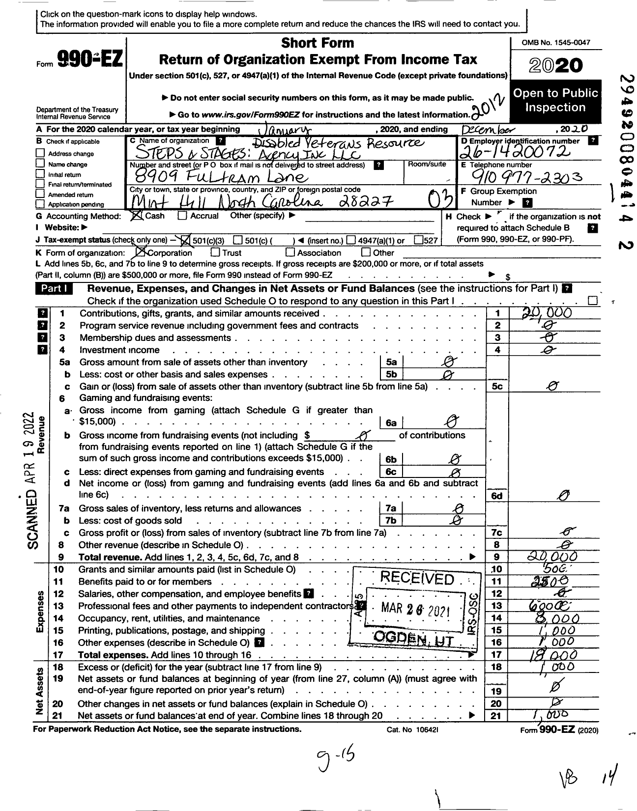 Image of first page of 2020 Form 990EZ for Steps and Stages Disabled Veterans Resource Agency