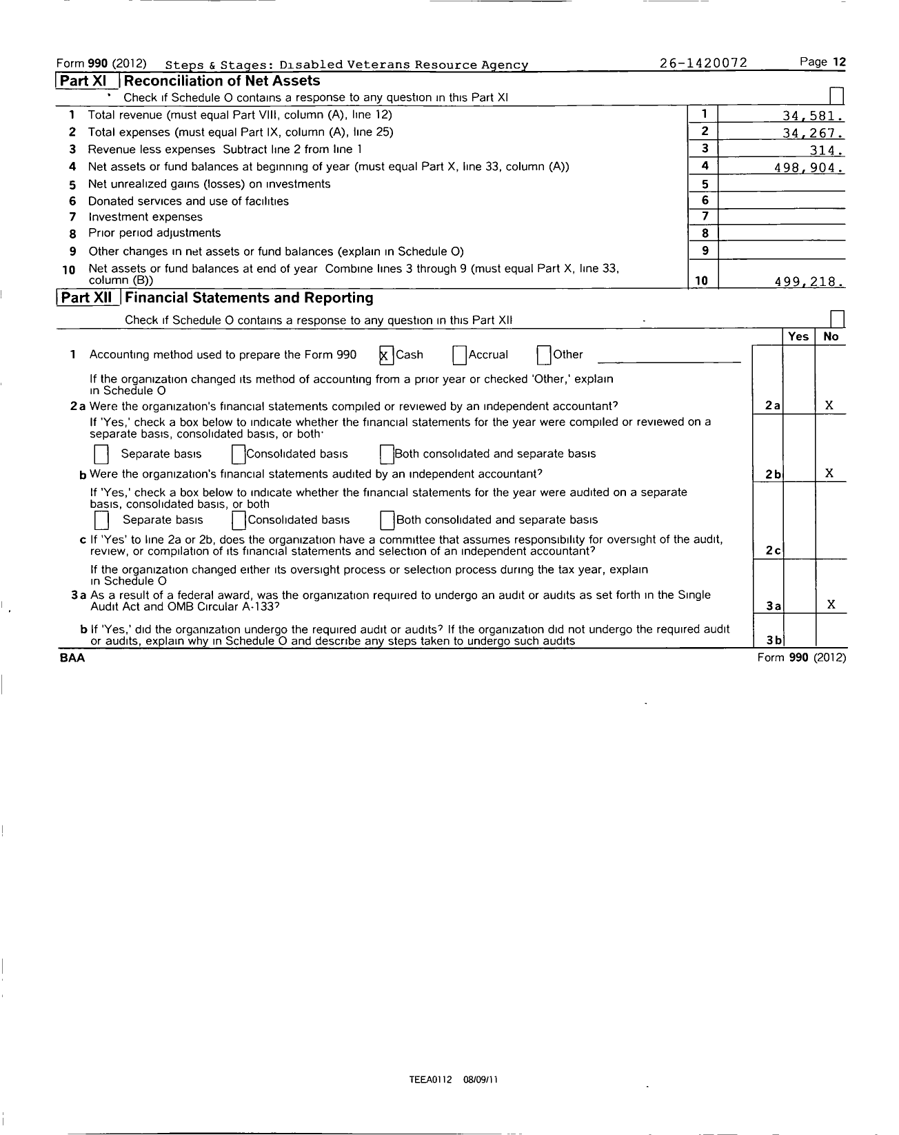 Image of first page of 2012 Form 990 for Steps and Stages Disabled Veterans Resource Agency