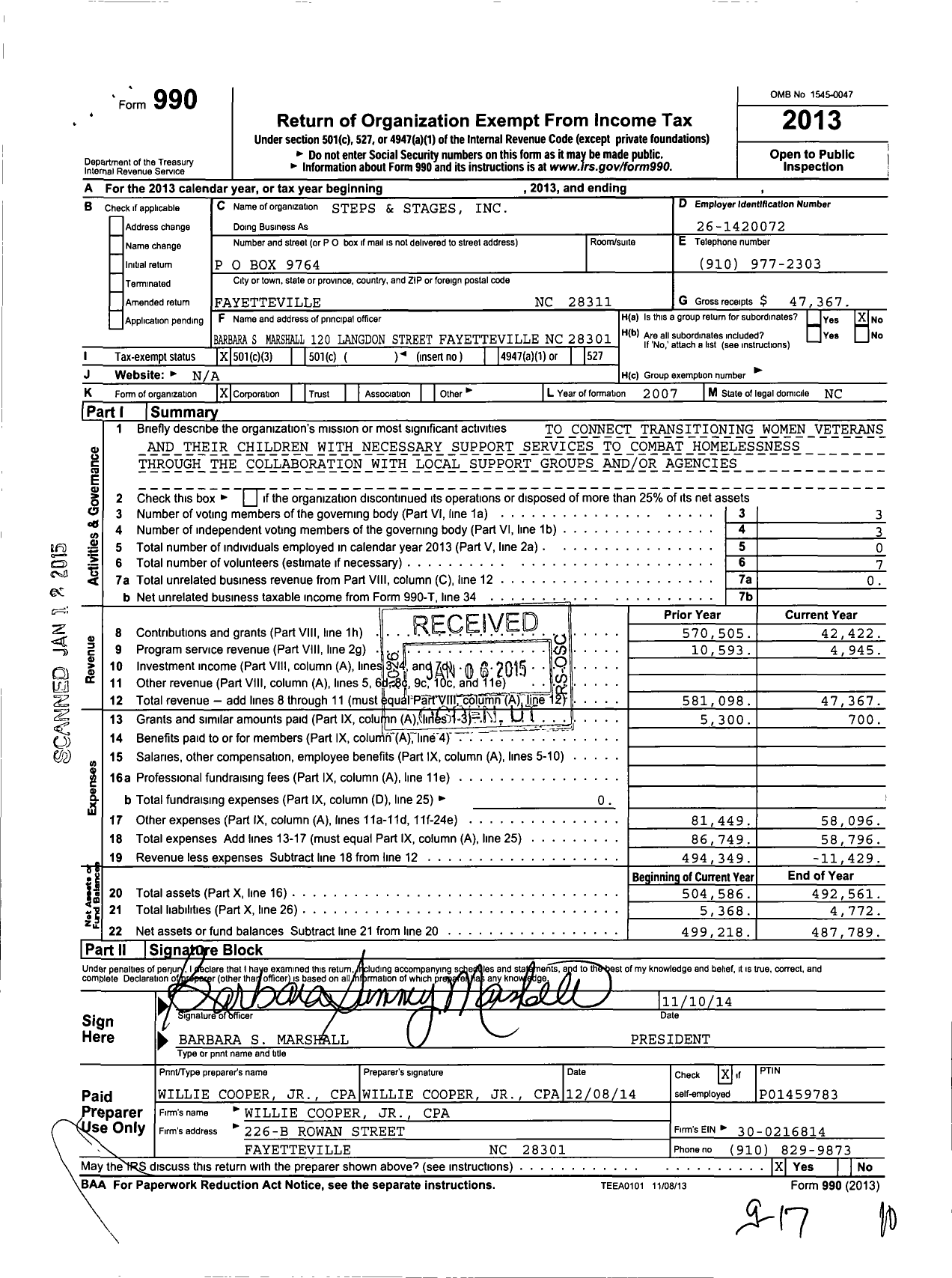 Image of first page of 2013 Form 990 for Steps and Stages Disabled Veterans Resource Agency