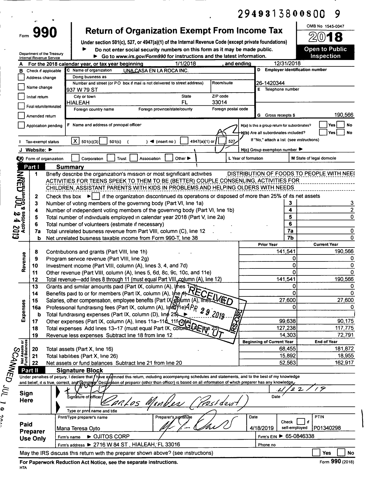 Image of first page of 2018 Form 990 for Una Casa En La Roca