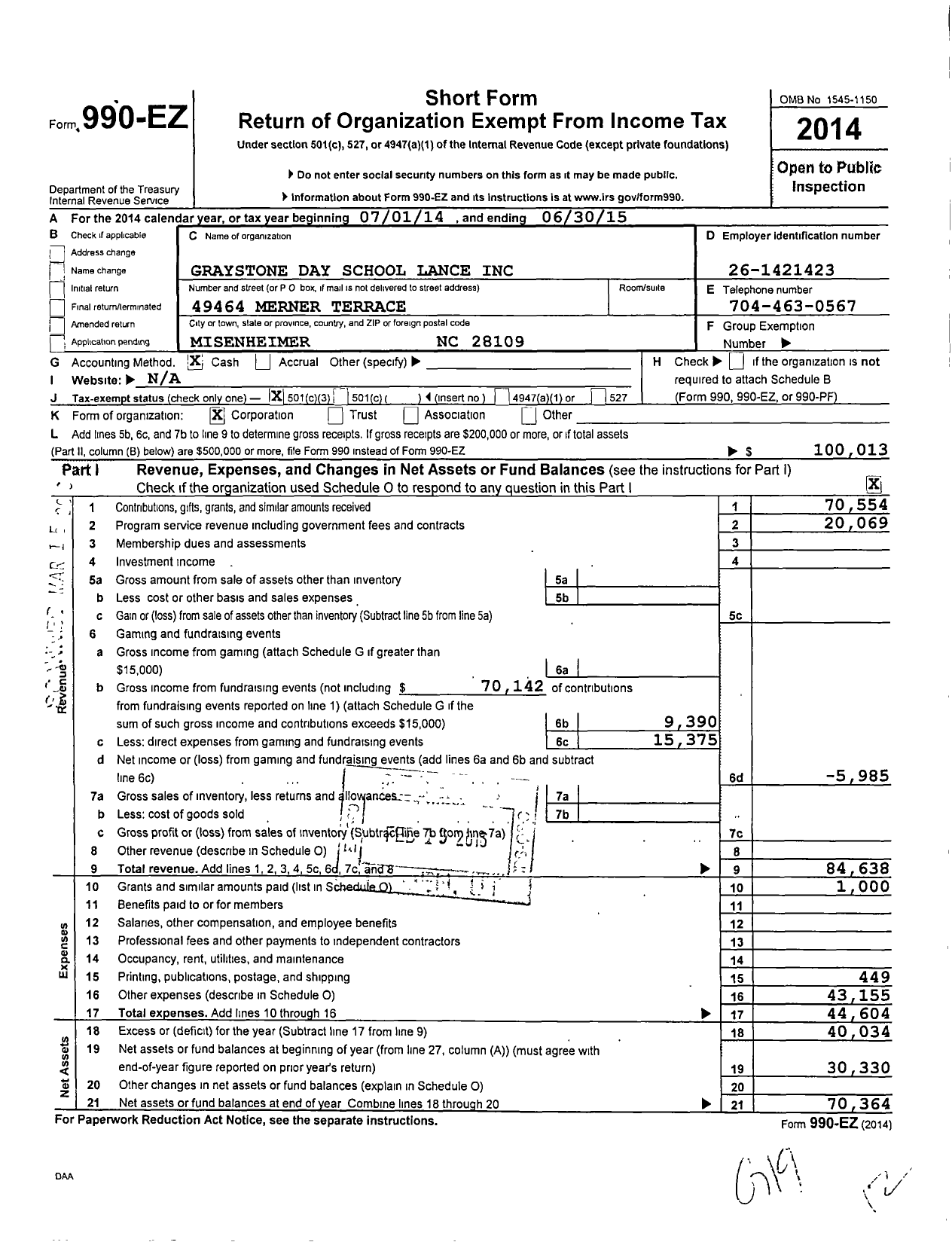 Image of first page of 2014 Form 990EZ for Graystone Day School Lance