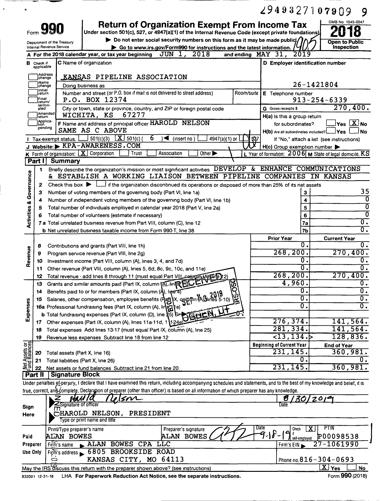 Image of first page of 2018 Form 990O for Kansas Pipeline Association