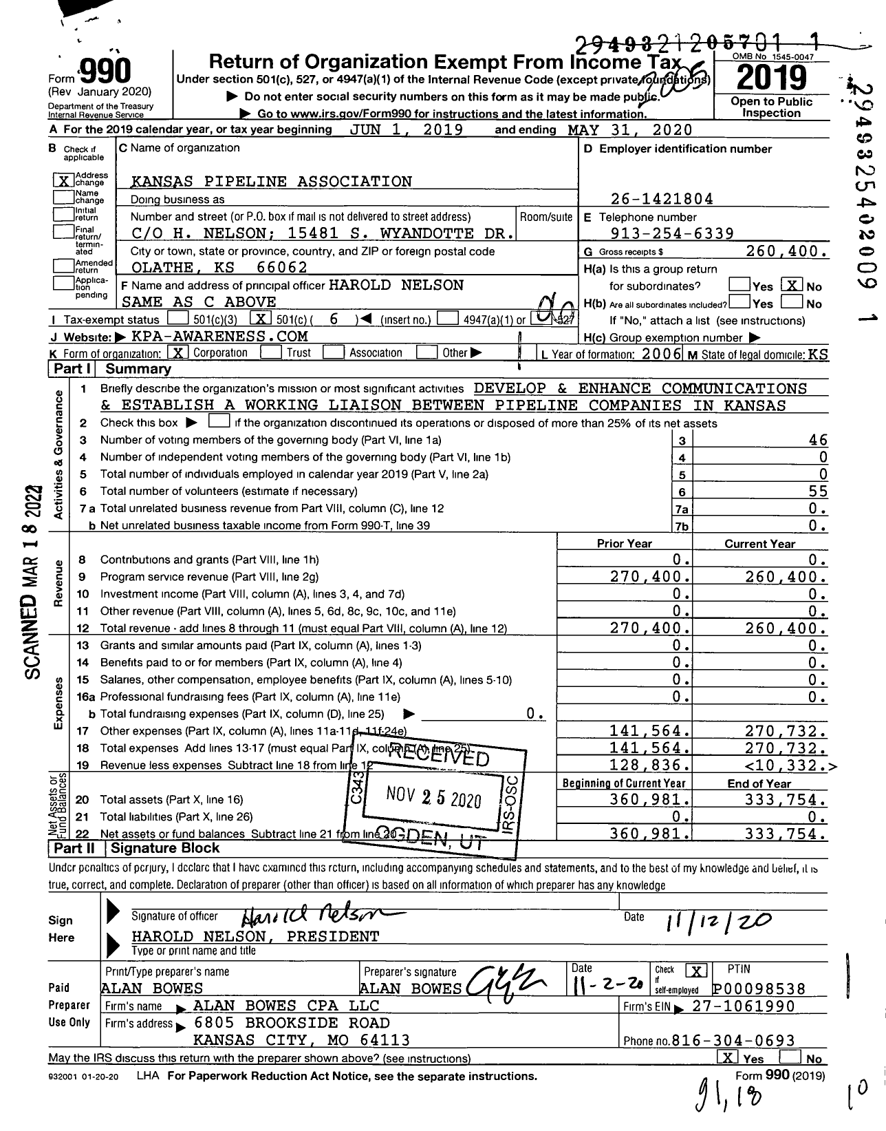 Image of first page of 2019 Form 990O for Kansas Pipeline Association