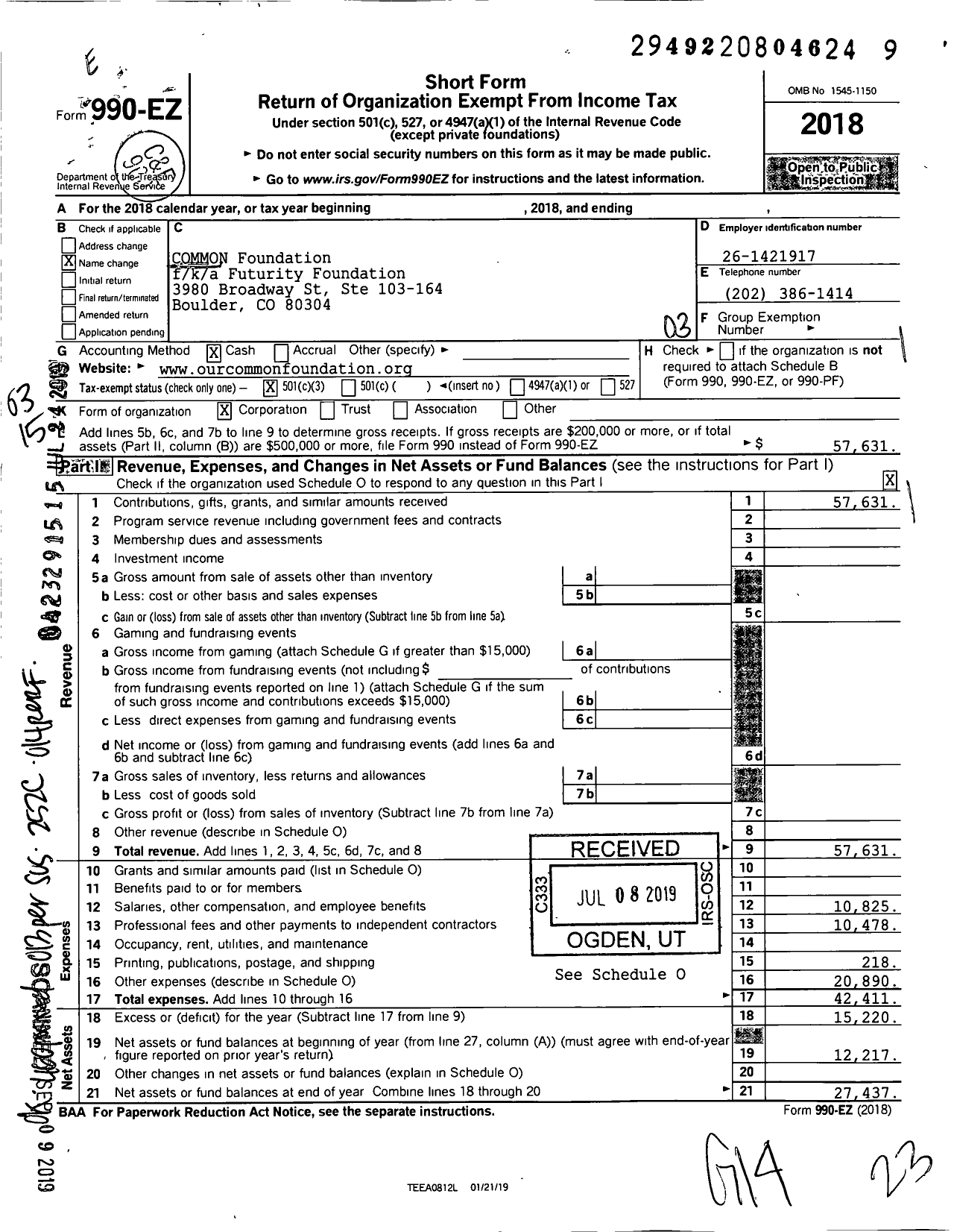 Image of first page of 2018 Form 990EZ for COMMON Foundation / Futurity Foundation