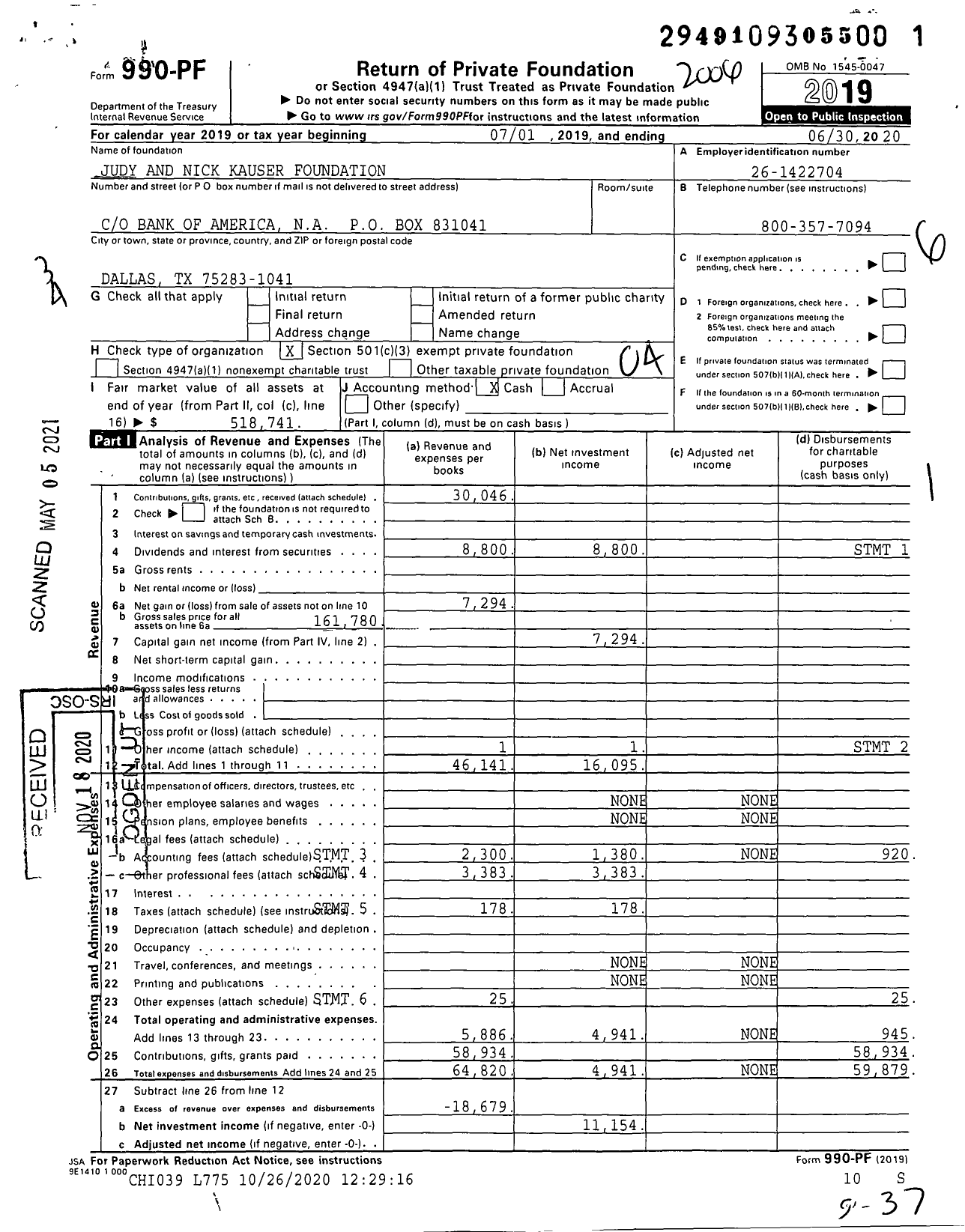 Image of first page of 2019 Form 990PF for Judy and Nick Kauser Foundation