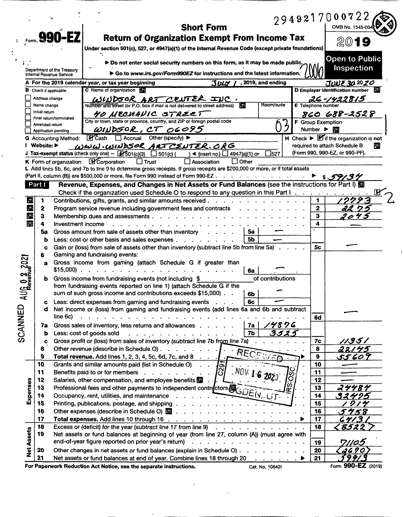 Image of first page of 2019 Form 990EZ for Windsor Art Center