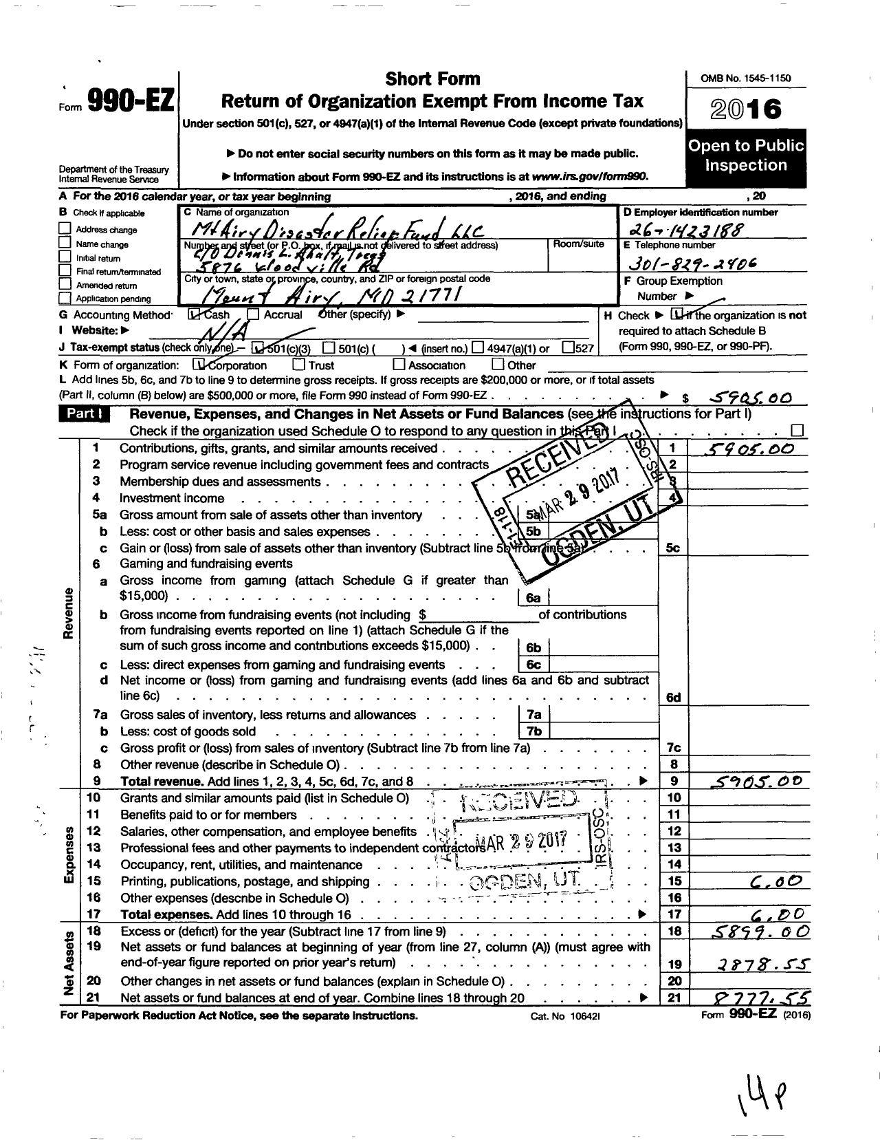 Image of first page of 2016 Form 990EZ for MT Airy Disaster Relief Fund