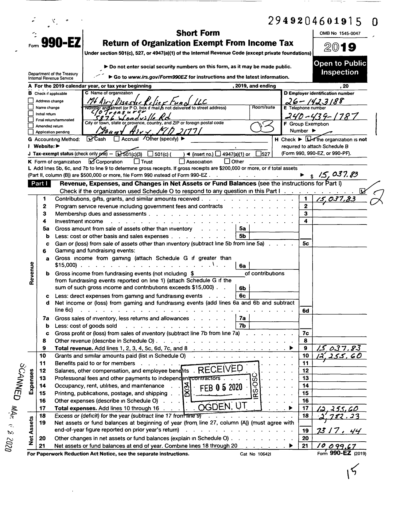 Image of first page of 2019 Form 990EZ for MT Airy Disaster Relief Fund